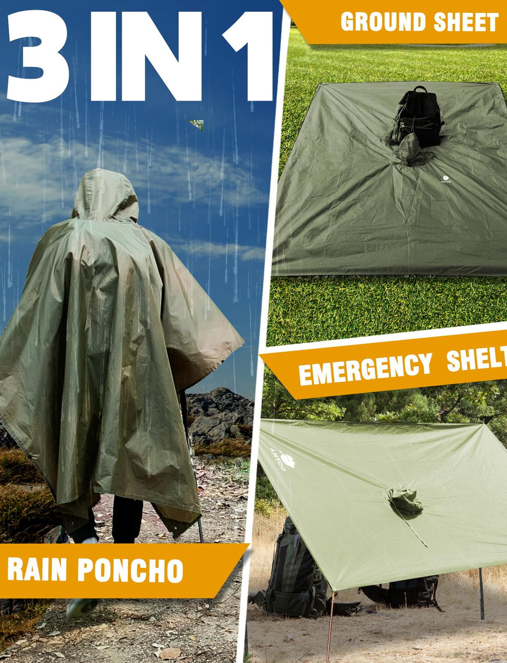 ANYOO Hooded Rain Poncho for Adults Waterproof Lightweight Rain Coats for Men Women Reusable Rain Jacket for Emergency Camping Outdoor Activities(Army Green) One Size