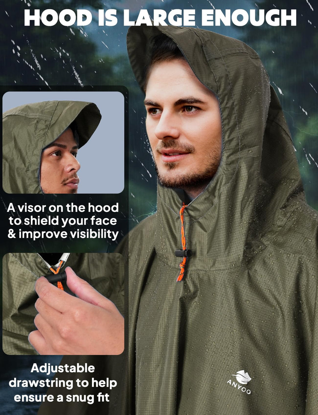 ANYOO Hooded Rain Poncho for Adults Waterproof Lightweight Rain Coats for Men Women Reusable Rain Jacket for Emergency Camping Outdoor Activities(Army Green) One Size