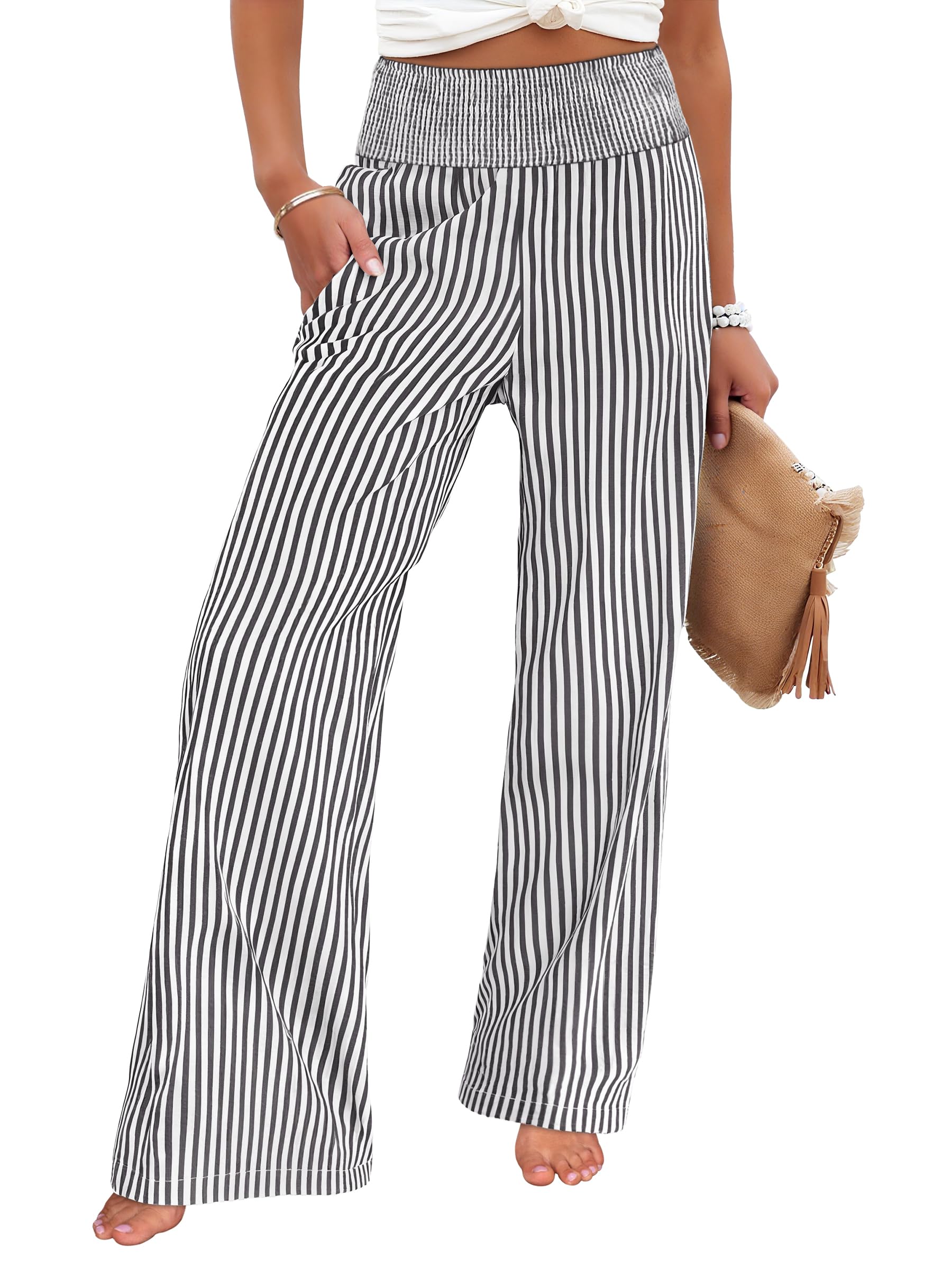 ANRABESS Womens Striped Gingham Palazzo Pants Wide Leg High Waisted Lounge Pajama Pants Cute Casual Trousers with Pockets Black White Stripe Medium