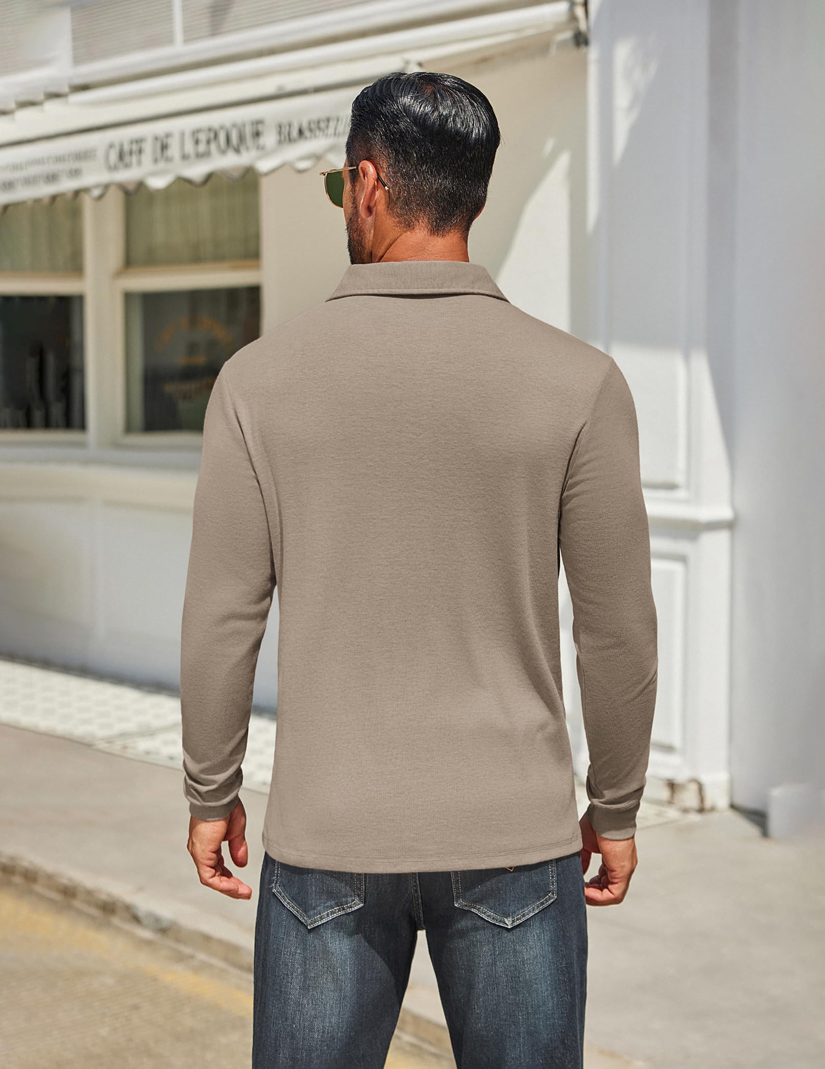 COOFANDY Mens Long Sleeve Polo Shirts Basic Casual Button T-Shirt Lightweight Pullover Shirts Khaki