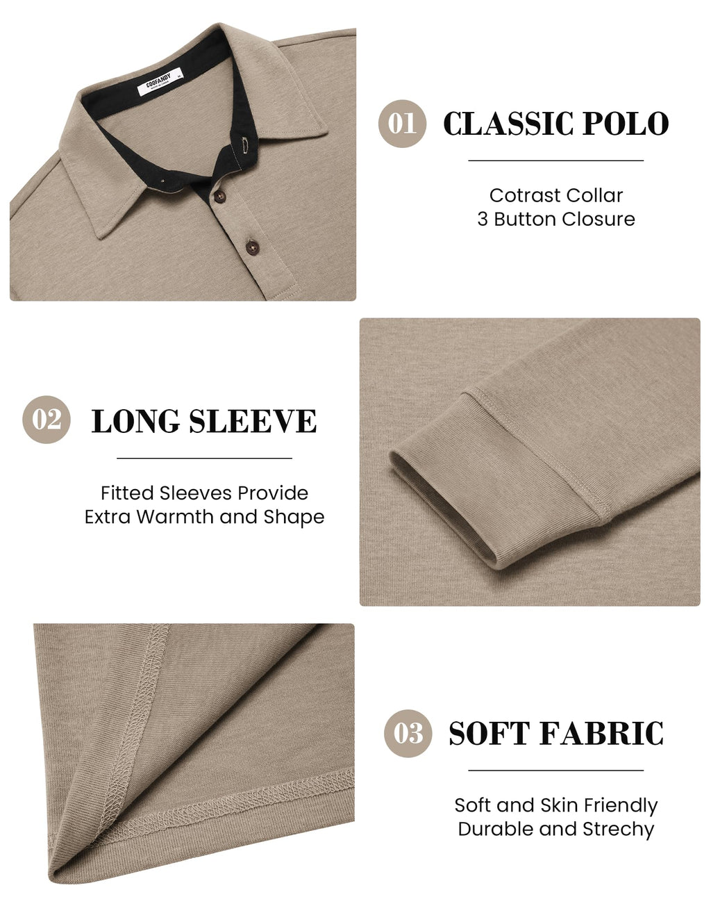 COOFANDY Mens Long Sleeve Polo Shirts Basic Casual Button T-Shirt Lightweight Pullover Shirts Khaki