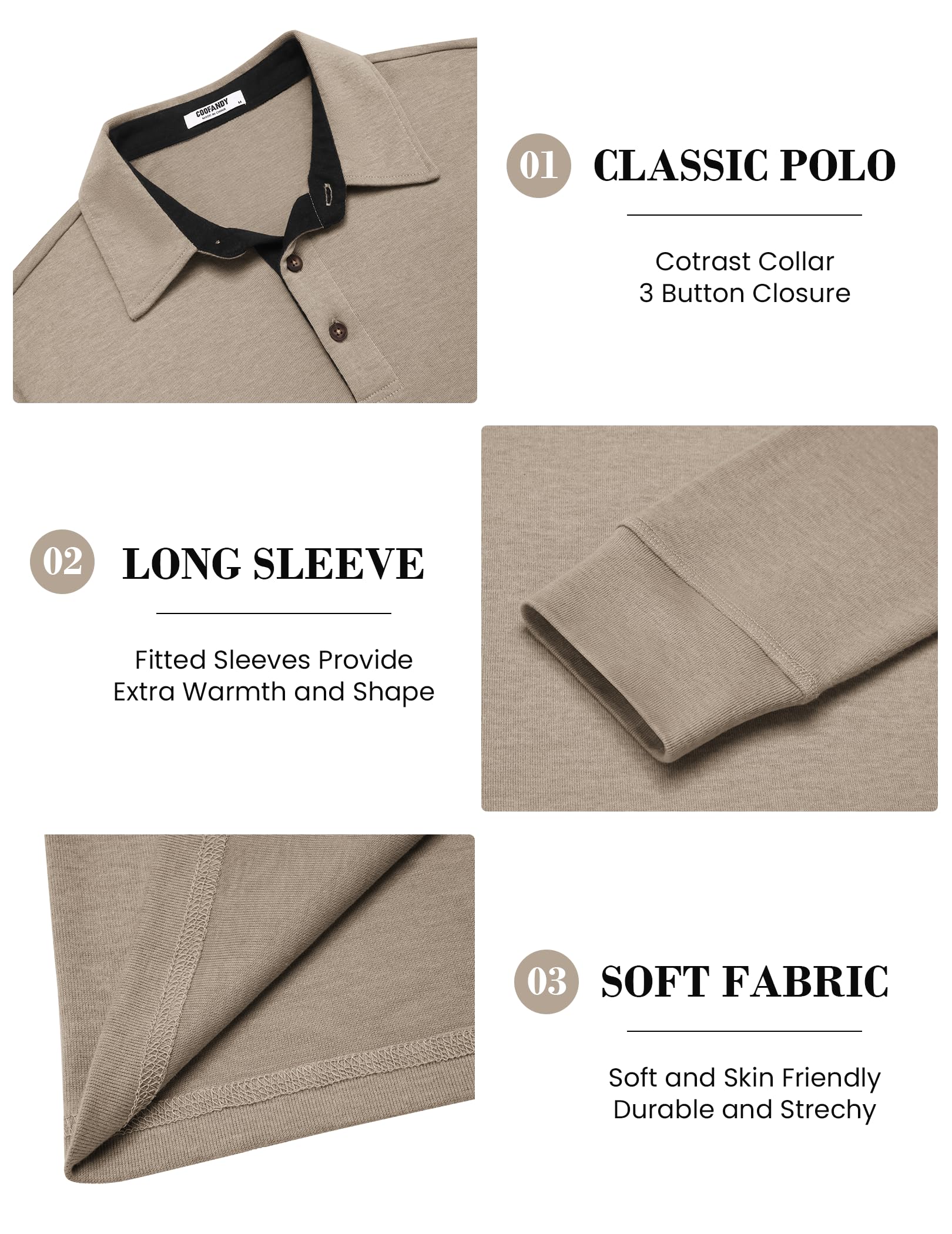 COOFANDY Mens Long Sleeve Polo Shirts Basic Casual Button T-Shirt Lightweight Pullover Shirts Khaki