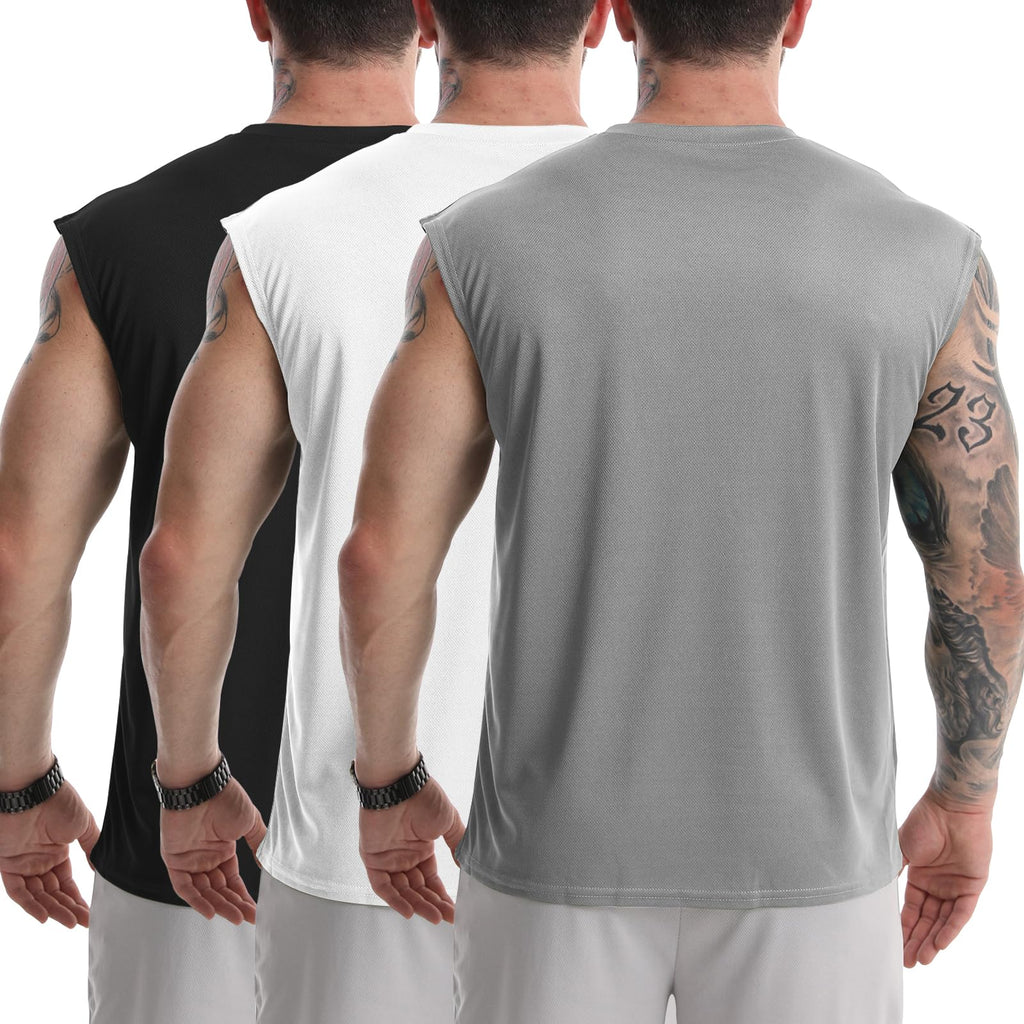 LSLXYWZX Men's Tank Tops 3 Pack Sleeveless Workout Mesh Material Quick Dry Athletic Running Gym Muscle Beach Fitness Shirts (US, Alpha, Medium, Regular, Regular, Black+White+Gray)
