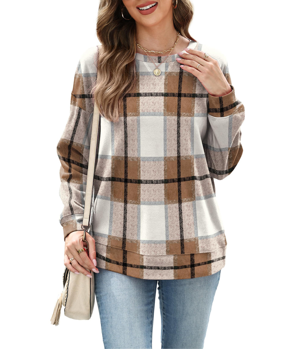 RUMIA Sweatshirt for Women Fall Fashion Clothes Crewneck Fall Outfits Tops for Women 2025 Ladies Pullover Long Sleeve T Shirts Trendy Beige Plaid M