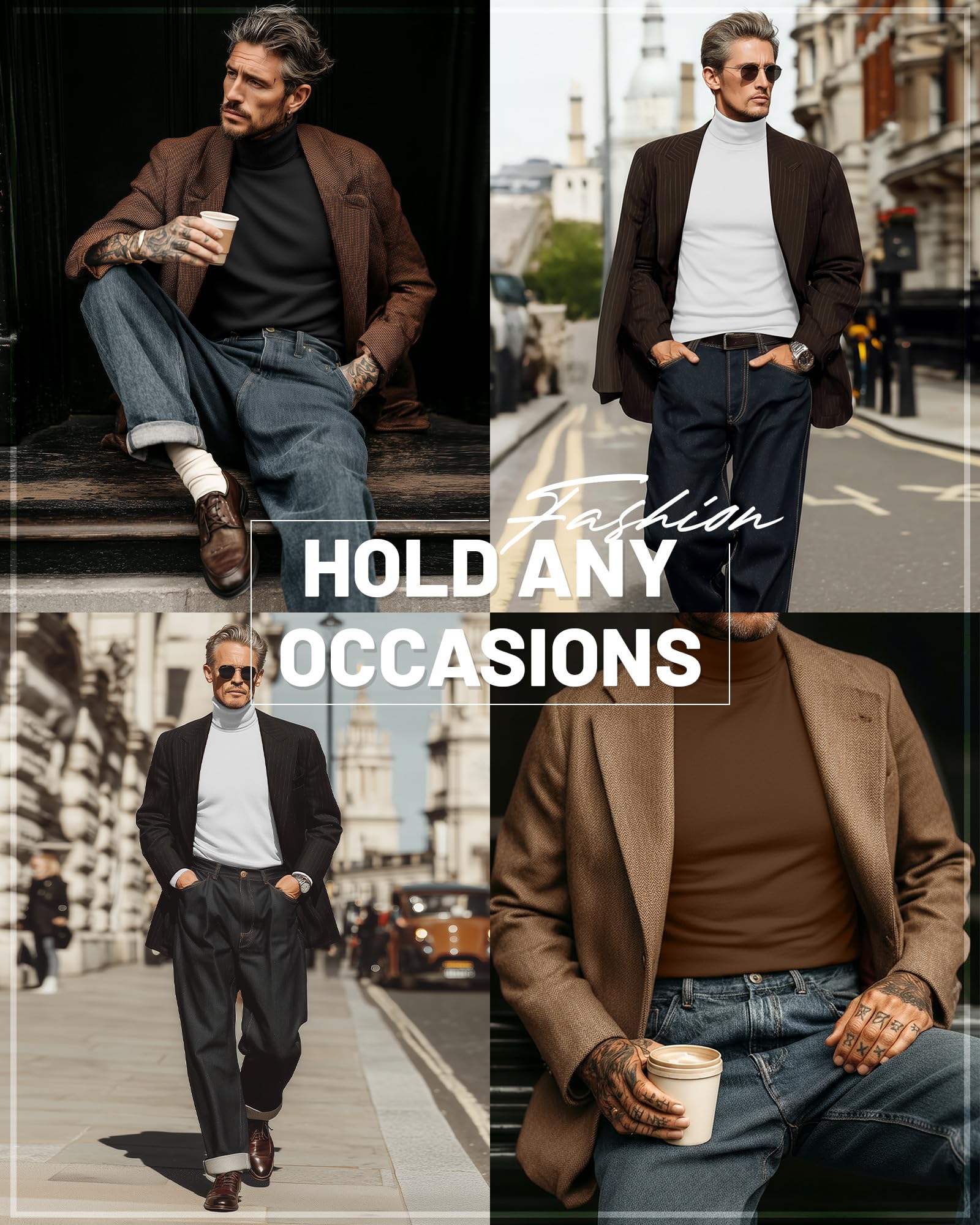 Ficerd 3 Pack Men's Big and Tall Turtleneck Shirts Cotton Long Sleeve Turtle Neck Tops Plus Size Loose Fit Basic Tee(Black, White, Brown,5X-Large)