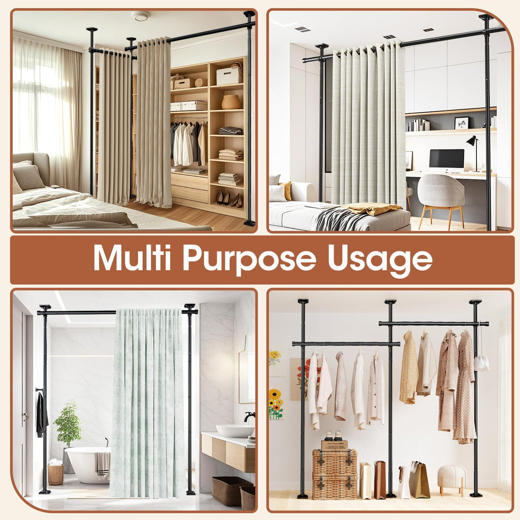 SUNALLY Room Divider No Drilling Curtain Rod Wall Divider for Room Separation, 4-10ft(H) 28-114inch(W) Adjustable, Heavy Duty Partition Space Separator Freestanding Tension Curtain Stand, Black