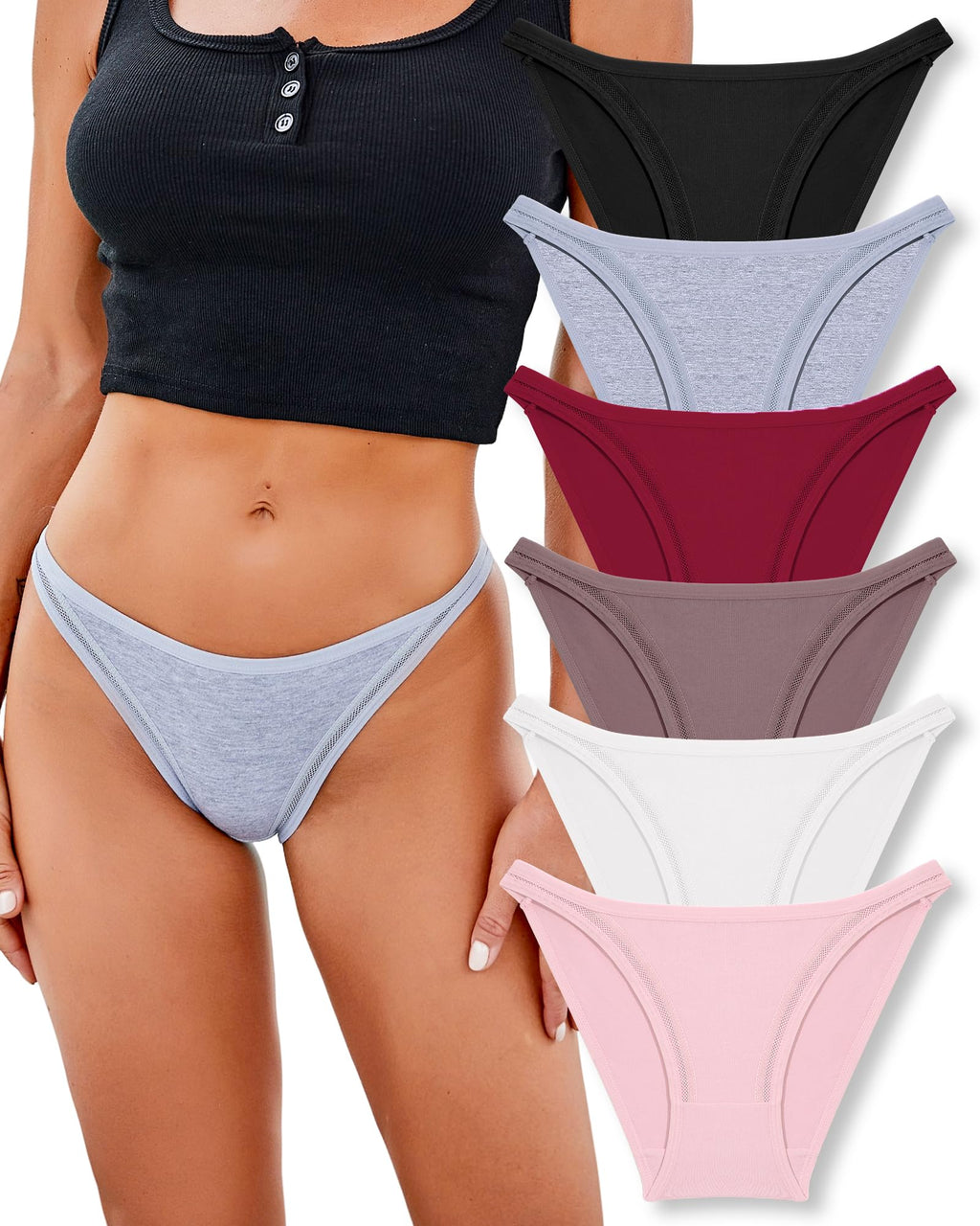 FINETOO 6 Pack String Underwear for Women Cotton High Cut Stretch Breathable Low Rise Hipster Cheeky Bikini Panties S-XL