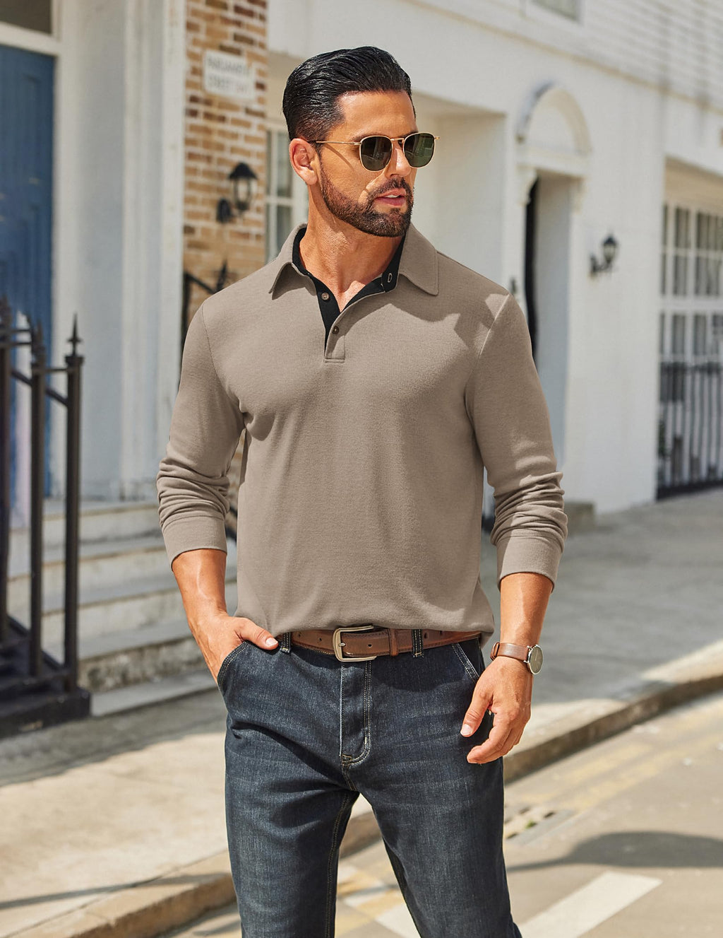 COOFANDY Mens Long Sleeve Polo Shirts Basic Casual Button T-Shirt Lightweight Pullover Shirts Khaki