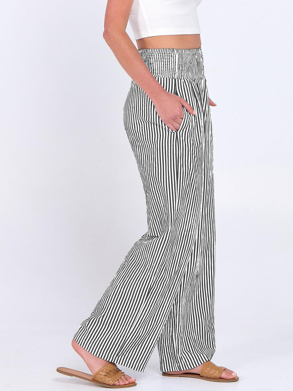 ANRABESS Womens Striped Gingham Palazzo Pants Wide Leg High Waisted Lounge Pajama Pants Cute Casual Trousers with Pockets Black White Stripe Medium