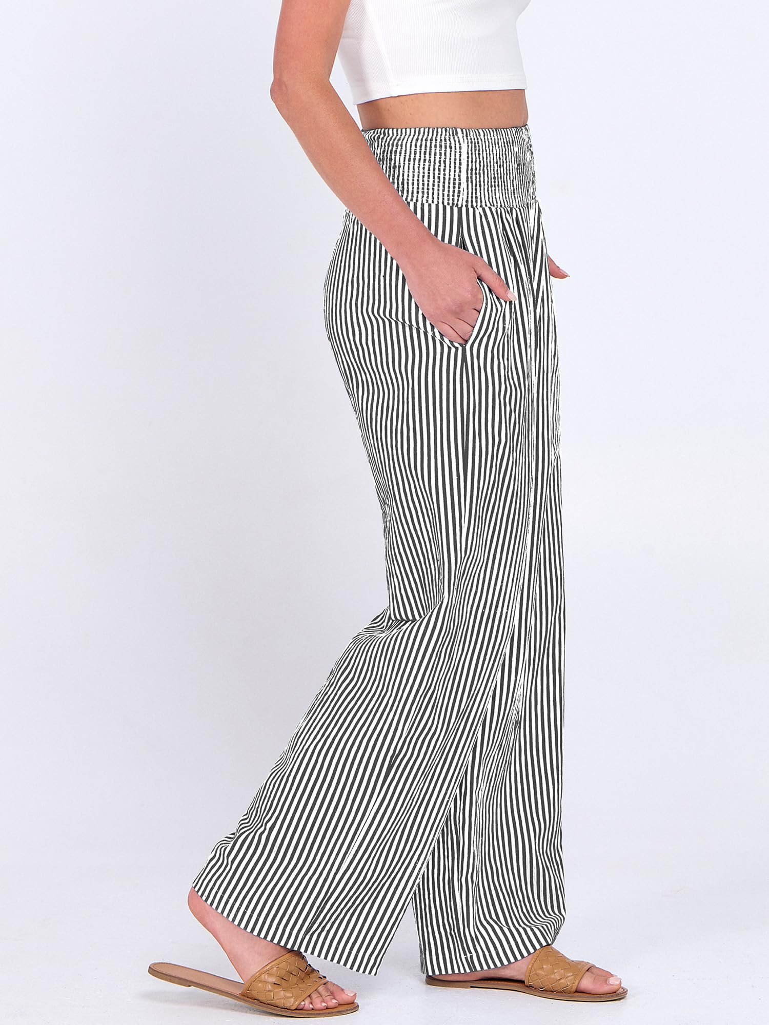 ANRABESS Womens Striped Gingham Palazzo Pants Wide Leg High Waisted Lounge Pajama Pants Cute Casual Trousers with Pockets Black White Stripe Medium