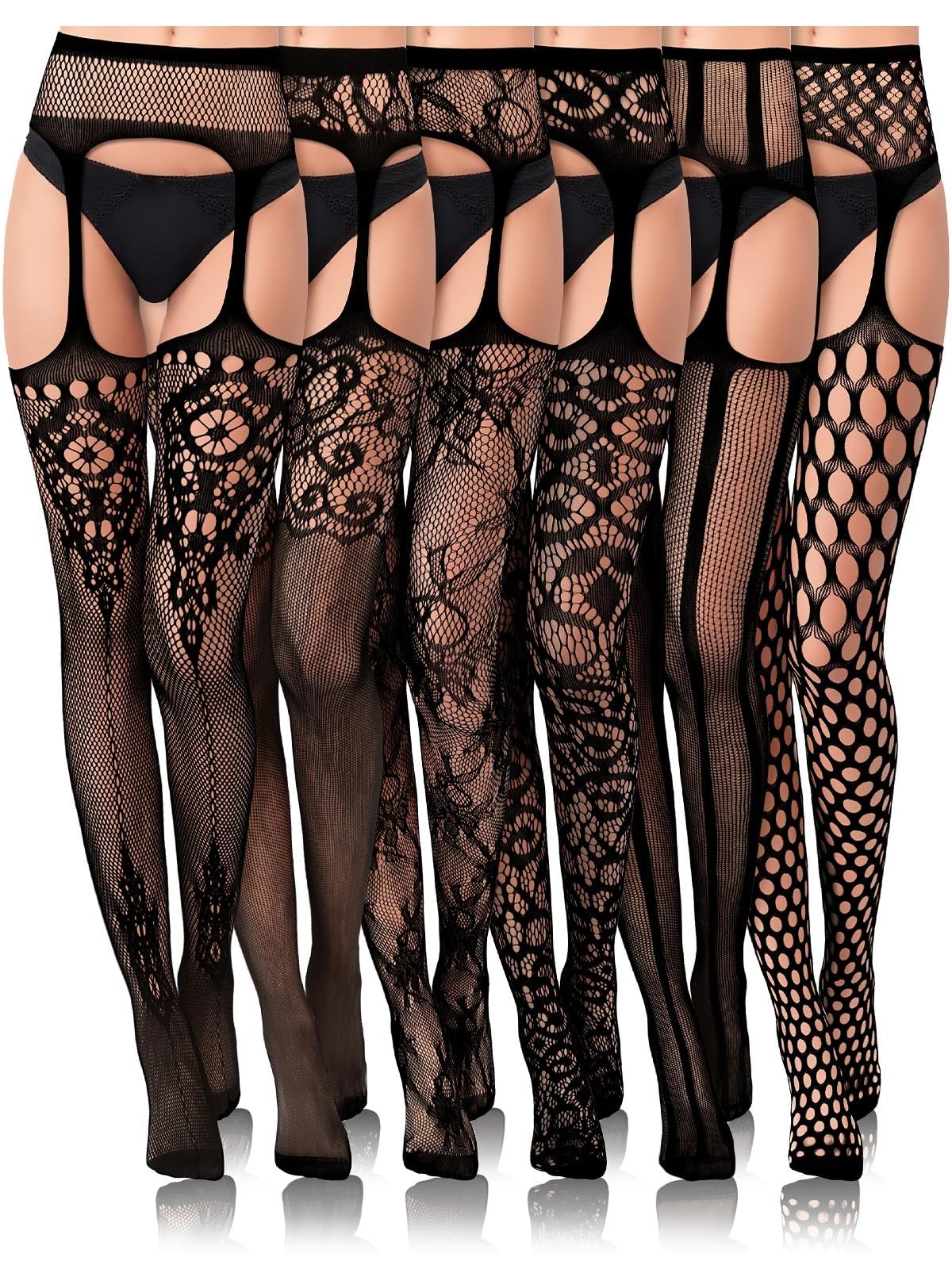 BOARDFEB 6 Packs Women Fishnet Bodysuits Mesh BodyStocking Fishnet Lingerie Long Sleeve Bodysuits One Piece Jumpsuit, Black