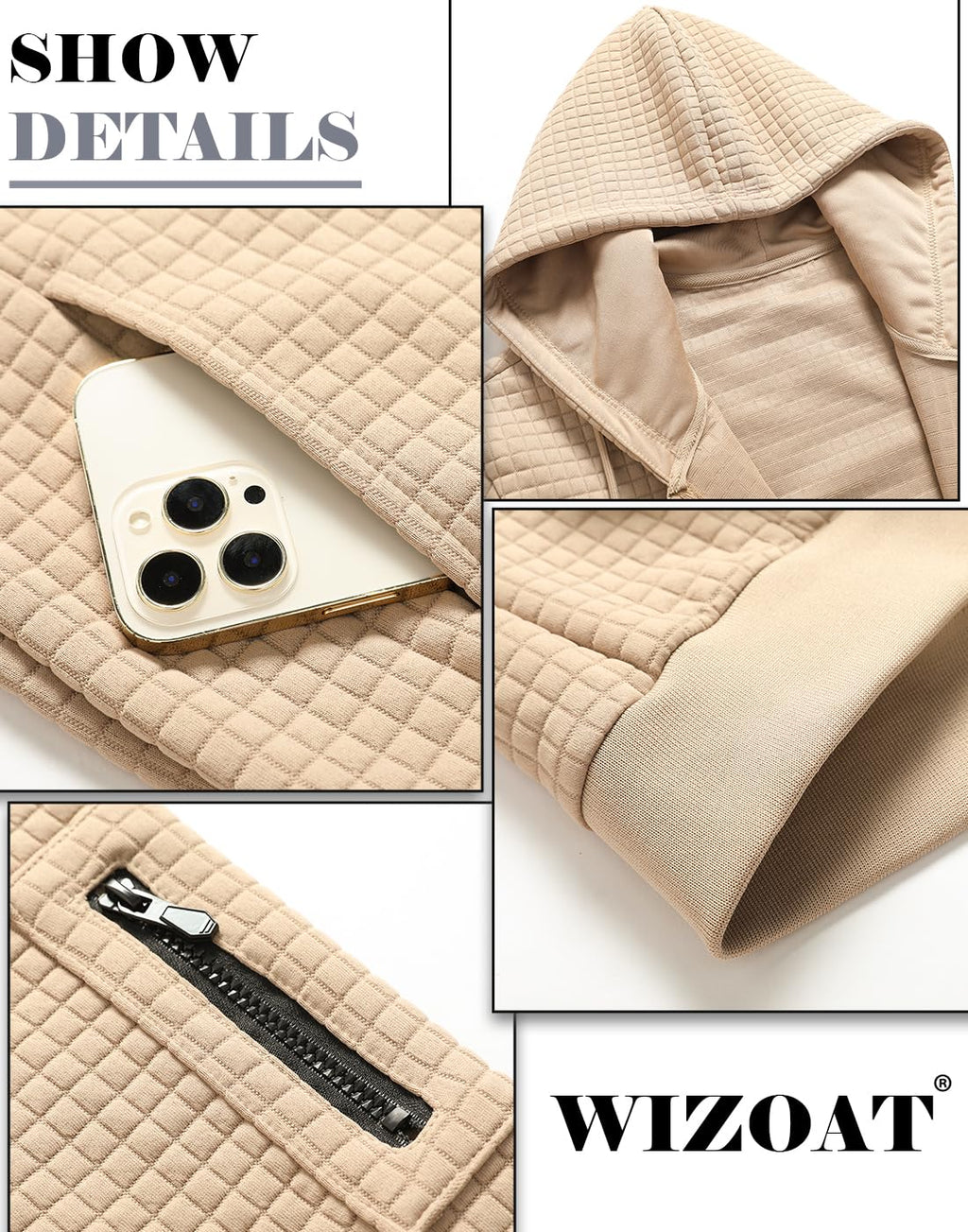 Wizoat Mens Zip Up Hoodie Full-Zip Sweatshirt Lightweight Loose Fit Hooded Jackets Khaki