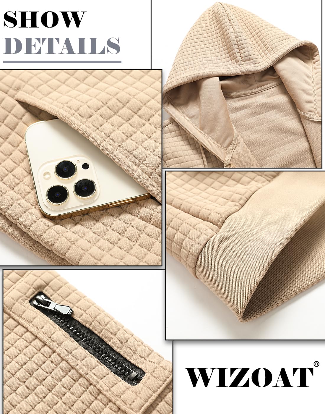 Wizoat Mens Zip Up Hoodie Full-Zip Sweatshirt Lightweight Loose Fit Hooded Jackets Khaki