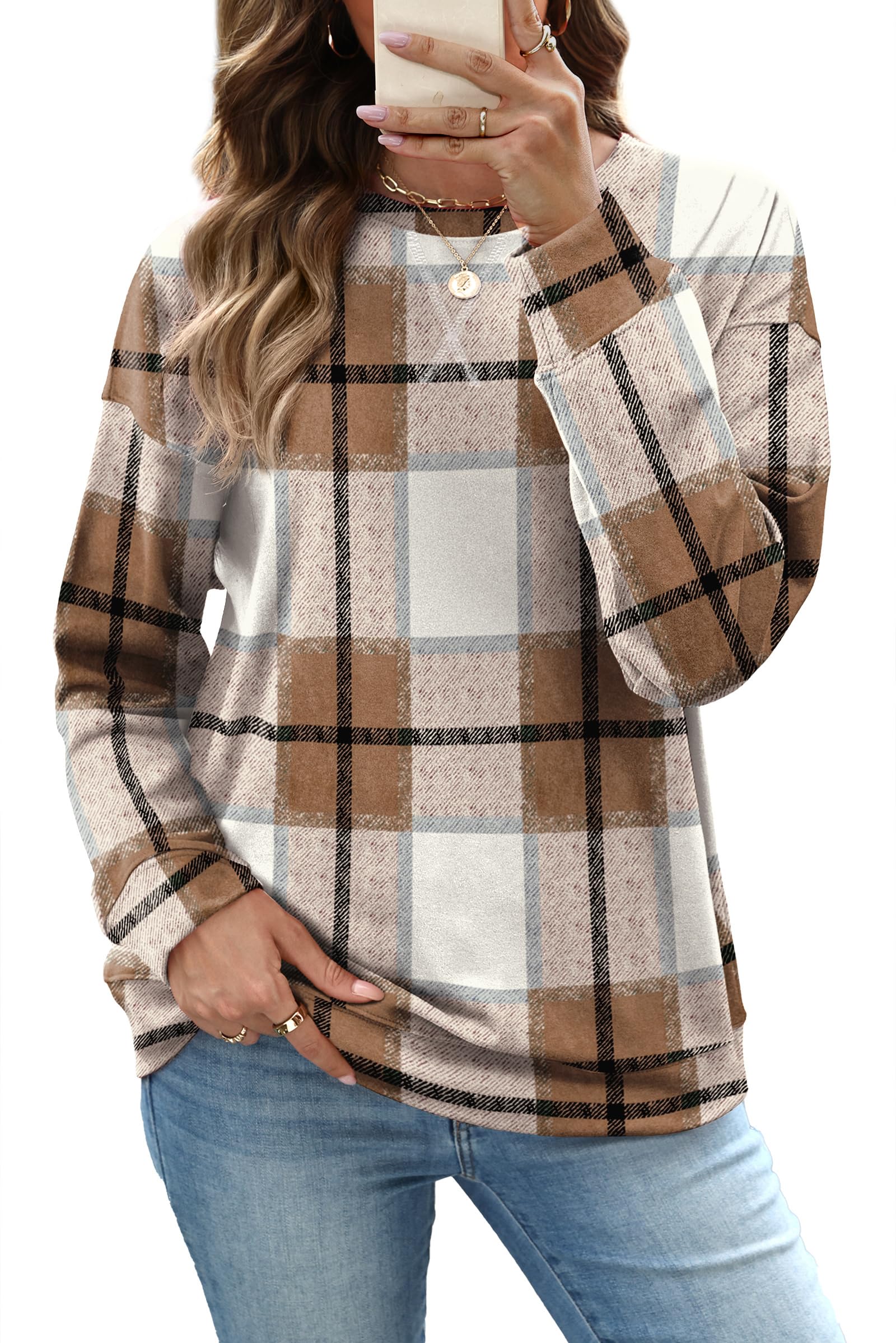 RUMIA Sweatshirt for Women Fall Fashion Clothes Crewneck Fall Outfits Tops for Women 2025 Ladies Pullover Long Sleeve T Shirts Trendy Beige Plaid M