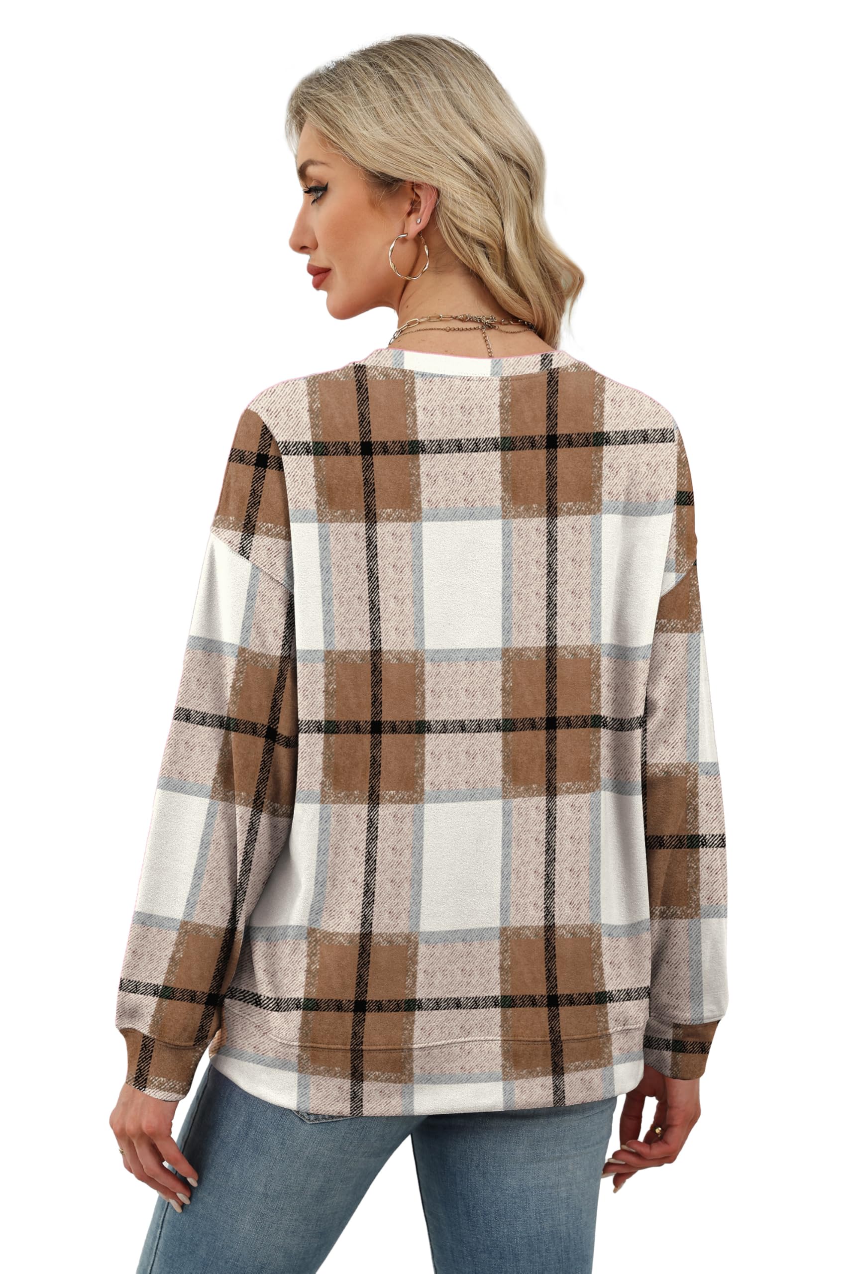 RUMIA Sweatshirt for Women Fall Fashion Clothes Crewneck Fall Outfits Tops for Women 2025 Ladies Pullover Long Sleeve T Shirts Trendy Beige Plaid M