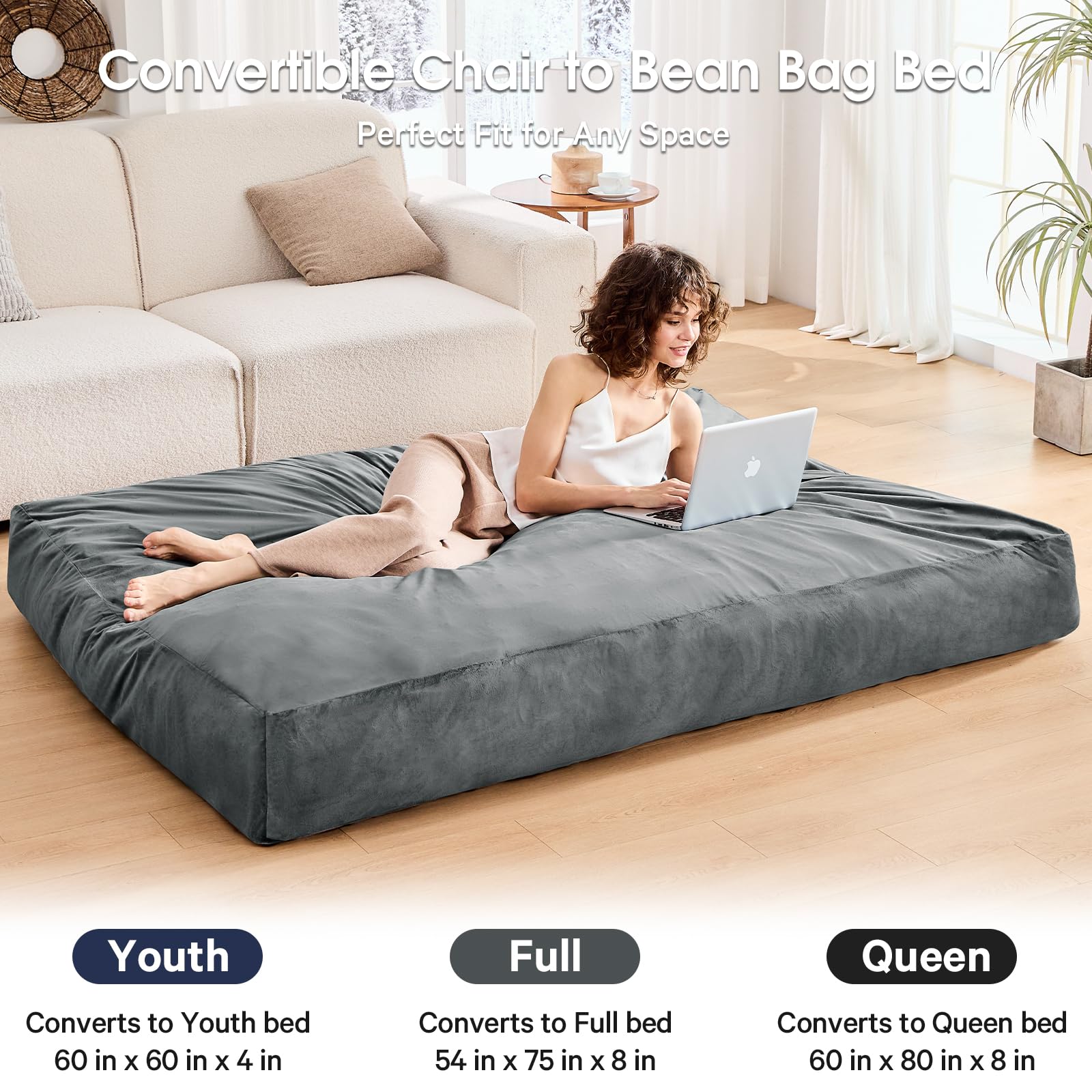 Bean Bag Chairs for Adults - Giant Bean Bag Chair Convertible Bean Bag Bed - Beanbag Chair with Micro Fiber Cover/Furniture Foam Filler - Floor Couch Sofa in Bedroom Dorm Room - Full Charcoal