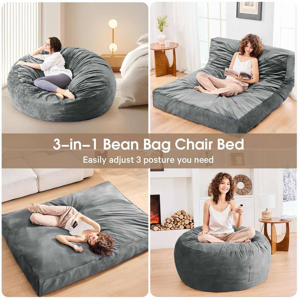 Bean Bag Chairs for Adults - Giant Bean Bag Chair Convertible Bean Bag Bed - Beanbag Chair with Micro Fiber Cover/Furniture Foam Filler - Floor Couch Sofa in Bedroom Dorm Room - Full Charcoal