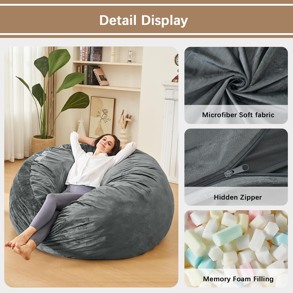 ILPEOD 3 Feet Bean Bag Chair - BeanBag Chairs for Adults, Living Room Furniture Sofa with Soft Micro Fiber Cover, Round Fluffy Couch for Bedroom College Dorm - Grey