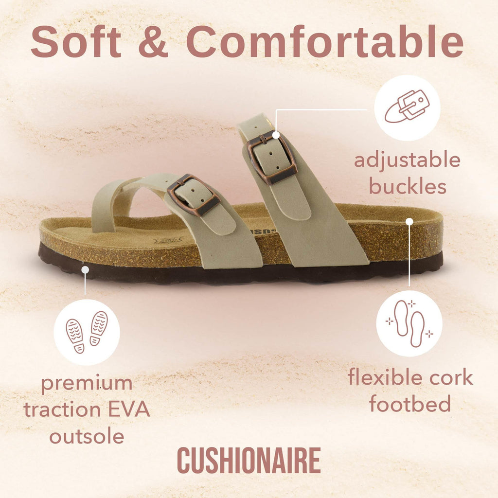 CUSHIONAIRE Luna Crossover Toe Strap Womens Sandals – Cork Footbed Slides with Adjustable Straps, Summer Sandals for Women 2025, STONE 7
