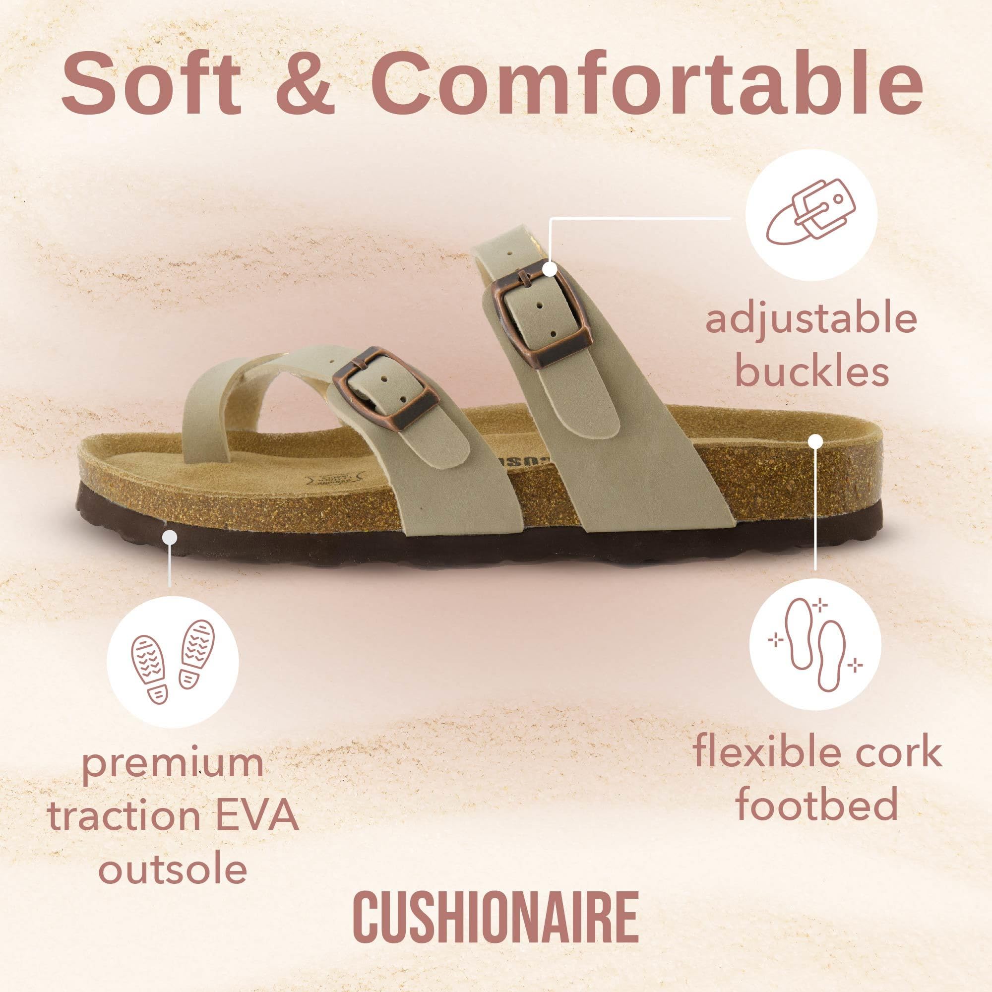 CUSHIONAIRE Luna Crossover Toe Strap Womens Sandals – Cork Footbed Slides with Adjustable Straps, Summer Sandals for Women 2025, STONE 7
