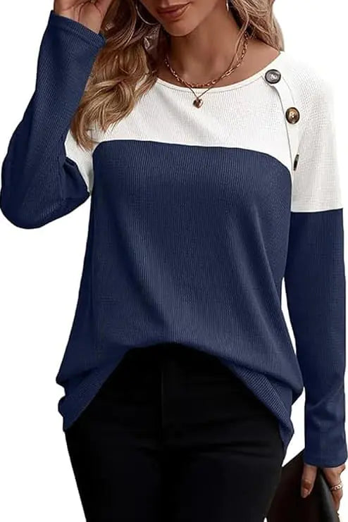 KINGFEN Long Sleeve Shirts for Women Fitted Trendy Casual Color Block T Shirts Button Crewneck Tops Waffle Knit Pullover Sweater Fall Fashion 2024 Clothes Comfy Cute Winter Clothing Navy X-Large