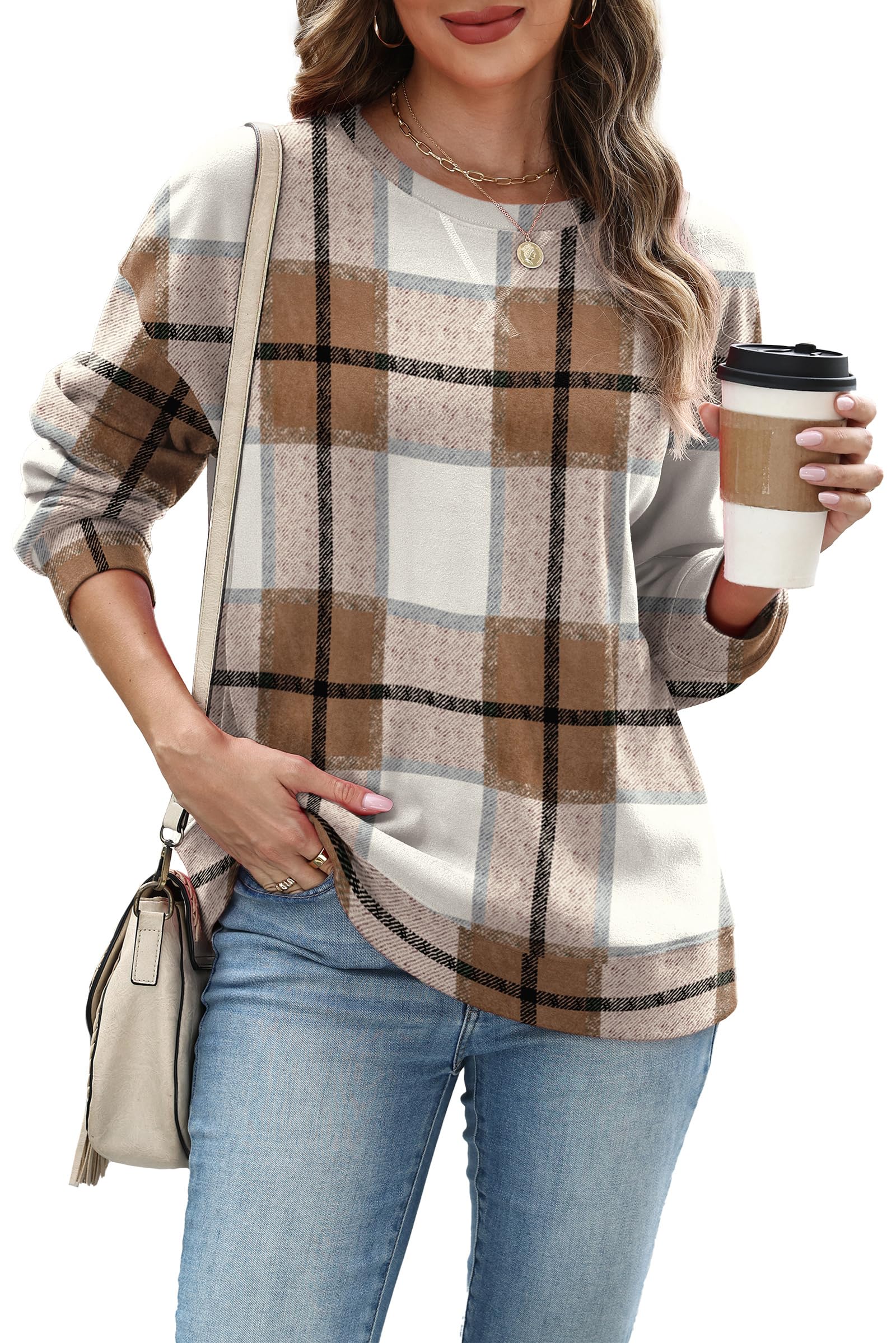 RUMIA Sweatshirt for Women Fall Fashion Clothes Crewneck Fall Outfits Tops for Women 2025 Ladies Pullover Long Sleeve T Shirts Trendy Beige Plaid M