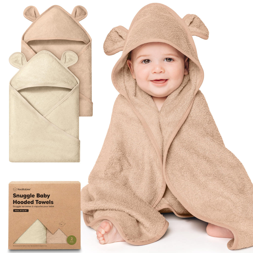 KeaBabies 2-Pack Hooded Baby Towels for Newborn - 30x30 Soft & Absorbent Viscose from Bamboo Baby Bath Towels with Hood for Infant, Toddler,Kids,Boys Girls,Newborn Bath Essentials (Almond, Petite)