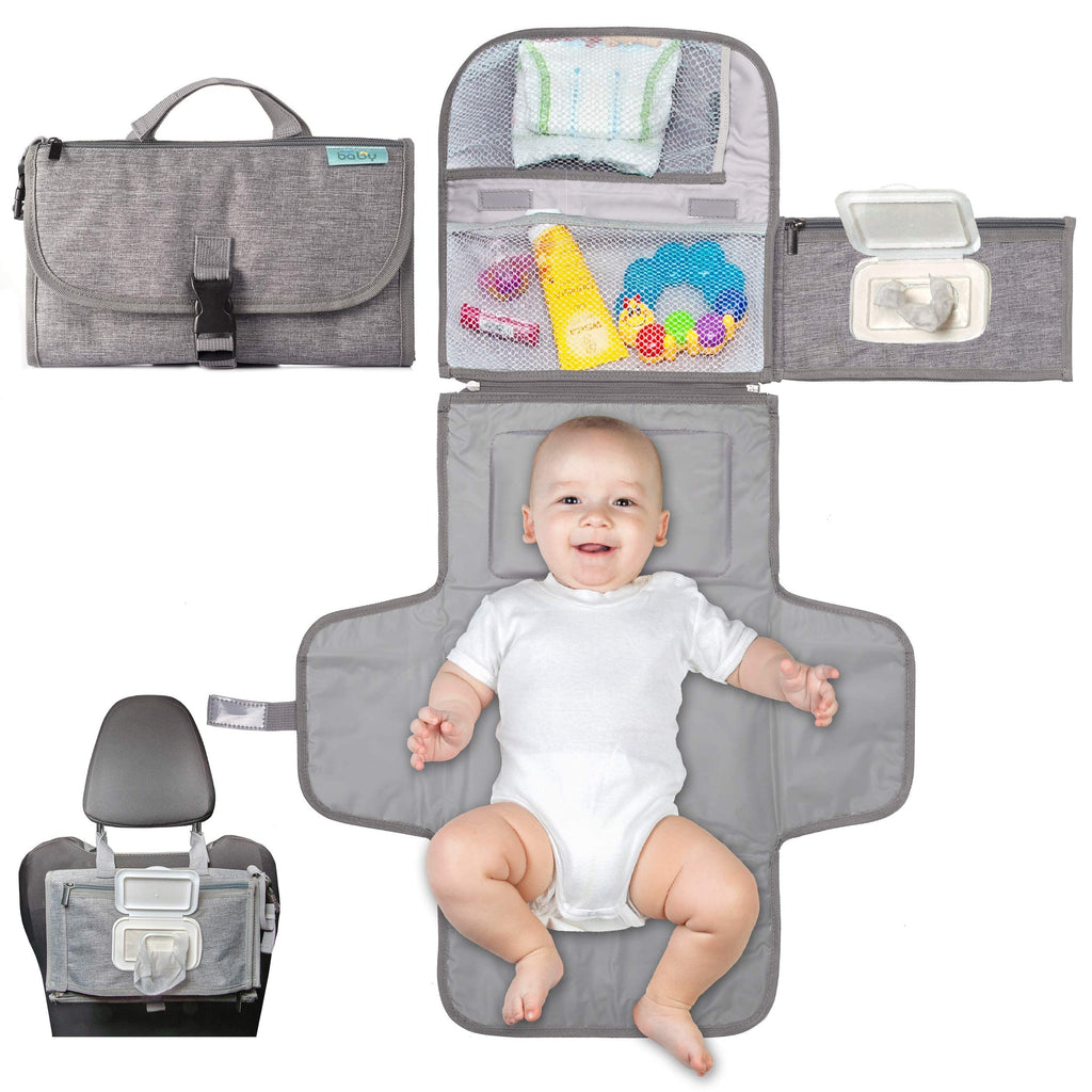 Kopi Baby Portable Diaper Changing Pad - Baby Diaper Changer Travel Bag with Wipes Pocket, Smart Design Portable Changing Mat, Infant Travel Station Kit, Gift for Newborn Girl & Boy - Grey, Classic