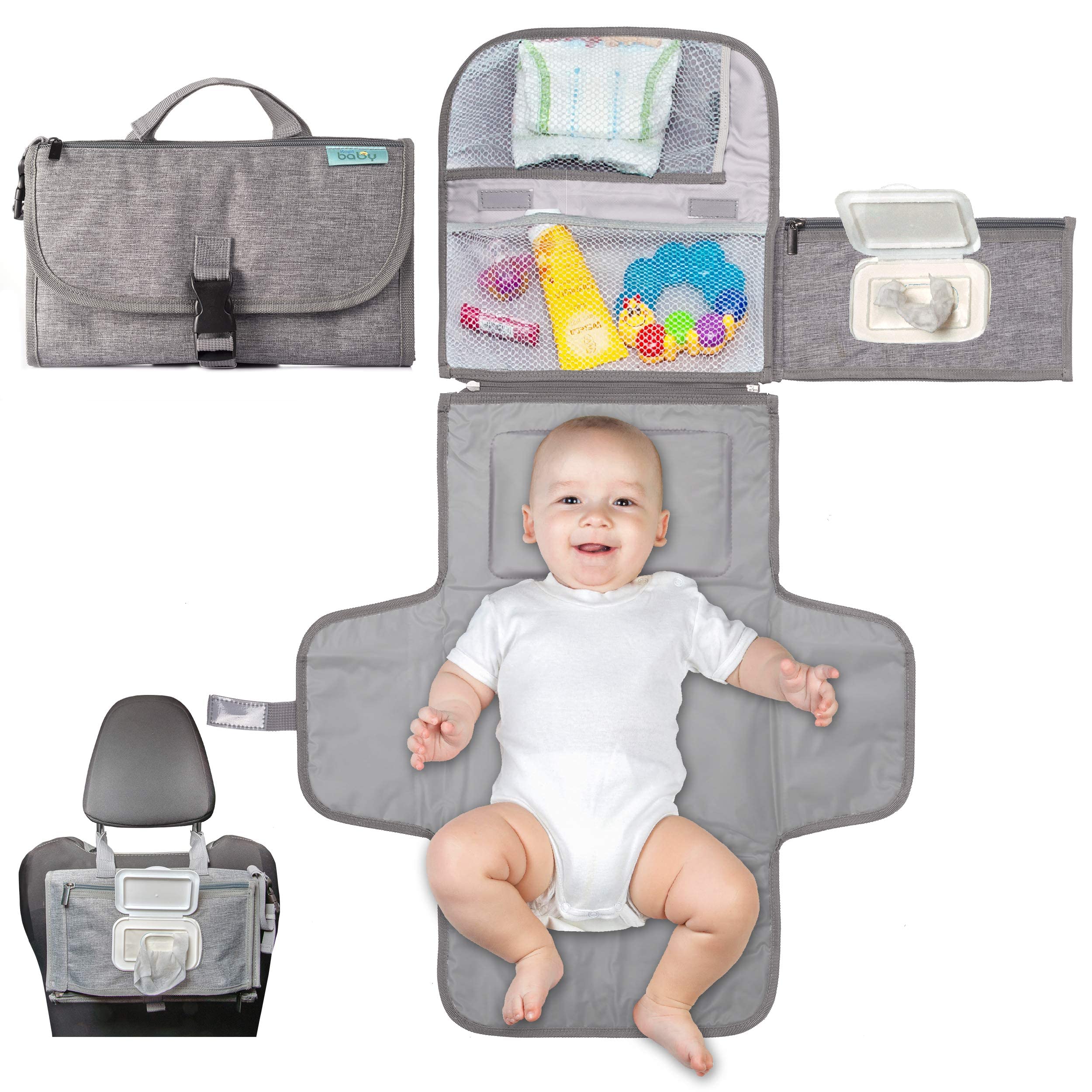 Kopi Baby Portable Diaper Changing Pad - Baby Diaper Changer Travel Bag with Wipes Pocket, Smart Design Portable Changing Mat, Infant Travel Station Kit, Gift for Newborn Girl & Boy - Grey, Classic
