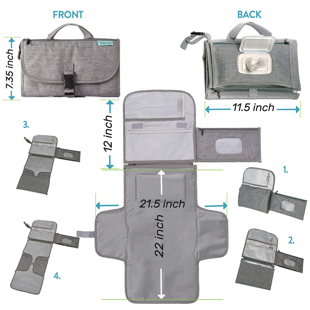 Kopi Baby Portable Diaper Changing Pad - Baby Diaper Changer Travel Bag with Wipes Pocket, Smart Design Portable Changing Mat, Infant Travel Station Kit, Gift for Newborn Girl & Boy - Grey, Classic