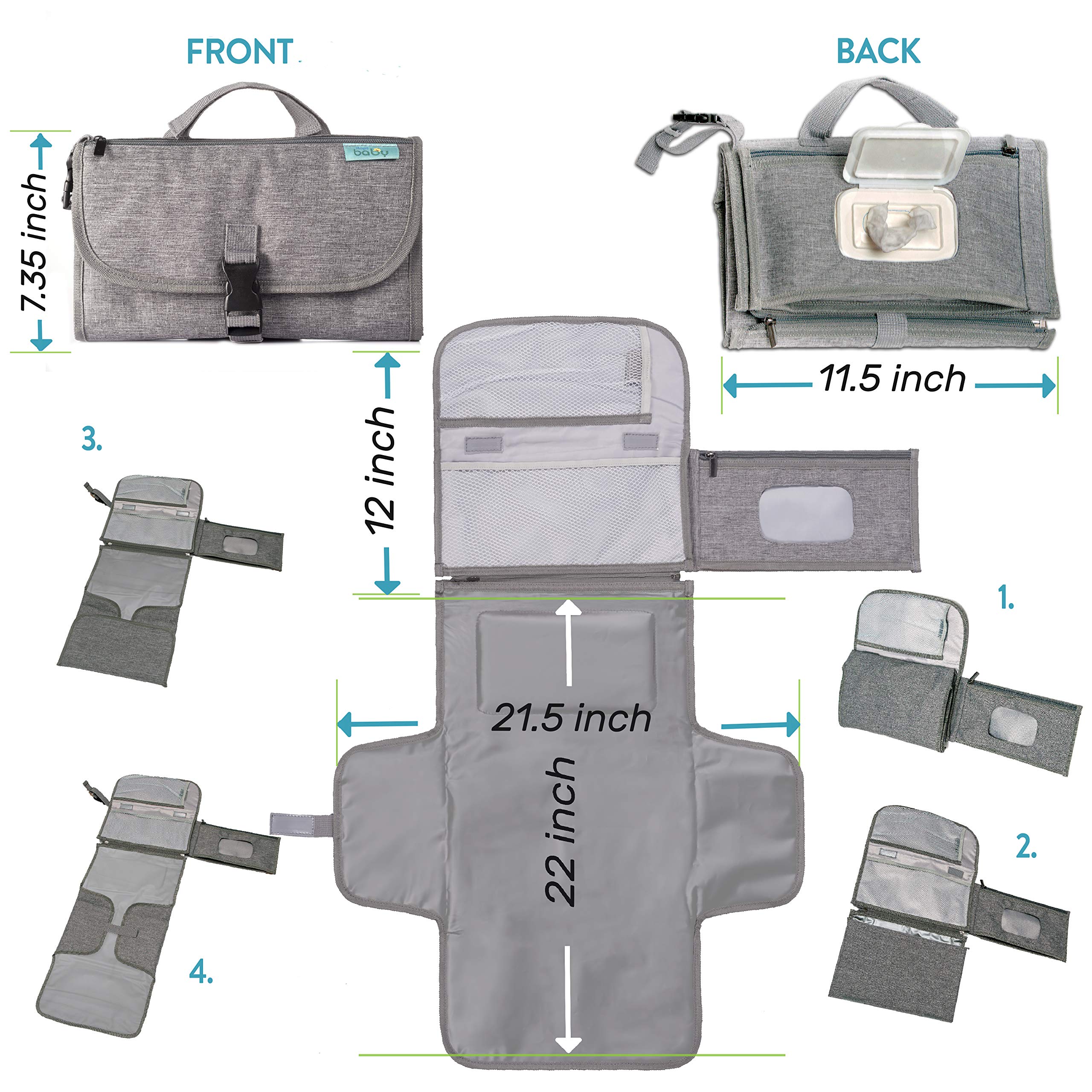 Kopi Baby Portable Diaper Changing Pad - Baby Diaper Changer Travel Bag with Wipes Pocket, Smart Design Portable Changing Mat, Infant Travel Station Kit, Gift for Newborn Girl & Boy - Grey, Classic