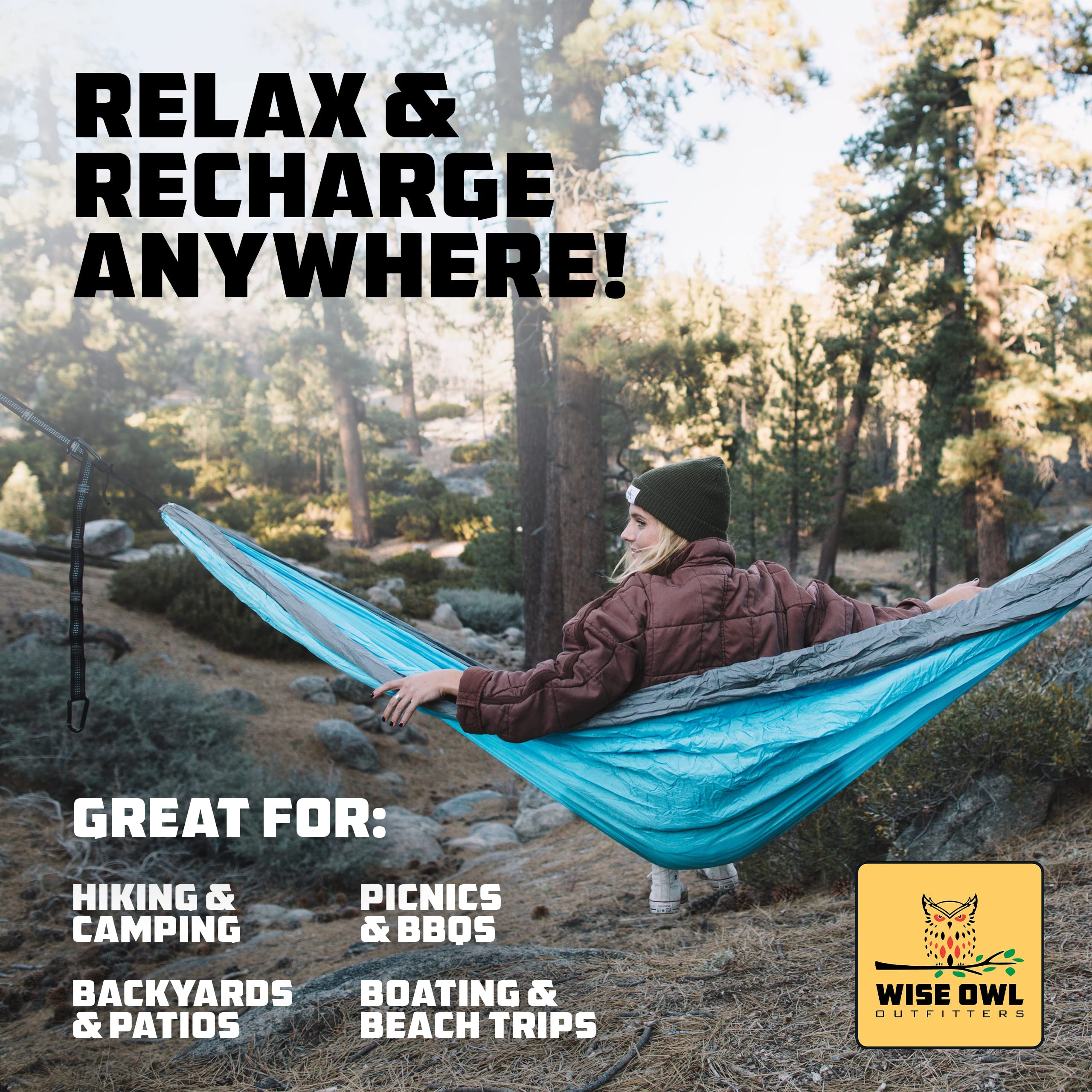 Wise Owl Outfitters Hammock for Camping Single Hammocks Gear for The Outdoors Backpacking Survival or Travel - Portable Lightweight Parachute Nylon SO Black & Grey