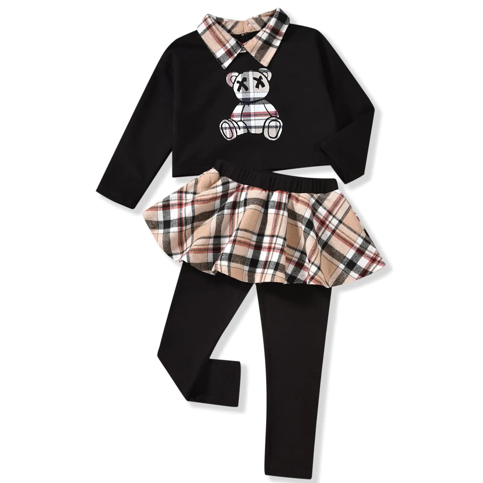 HINTINA 3T Toddler Little Girl Fall Outfits Collared Bear Long Sleeve Pullover Sweatshirt Sweatsuit Plaid Leggings Pants Preppy Aesthetic Clothes Winter Clothing Set 3-4T Years