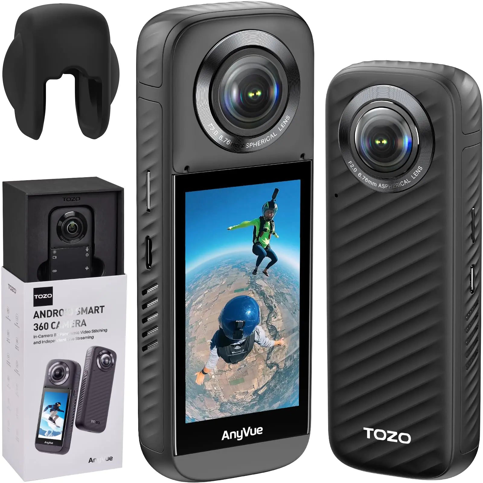 TOZO AnyVue Android Smart 360 Action Camera with 1/2" 4800W CMOS 5.7K 360 Video 12K 360 Photo Intelligent Tracking Action Camera with Editing App Built-in GPS 4K Live Streaming 3.0" Touchscreen