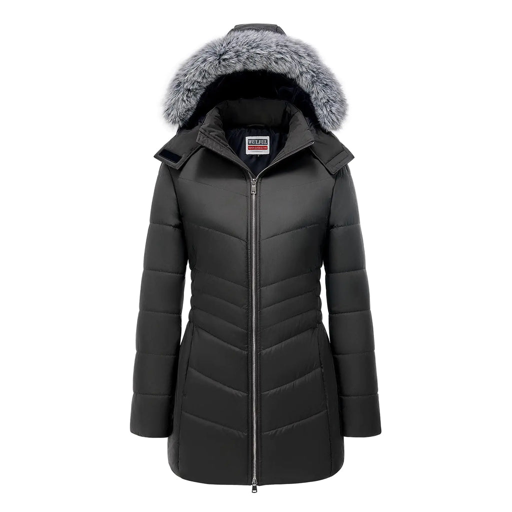 WULFUL Womens Winter Coats Long Warm Thicken Puffer Jackets Outwear With Removable Fur Hood