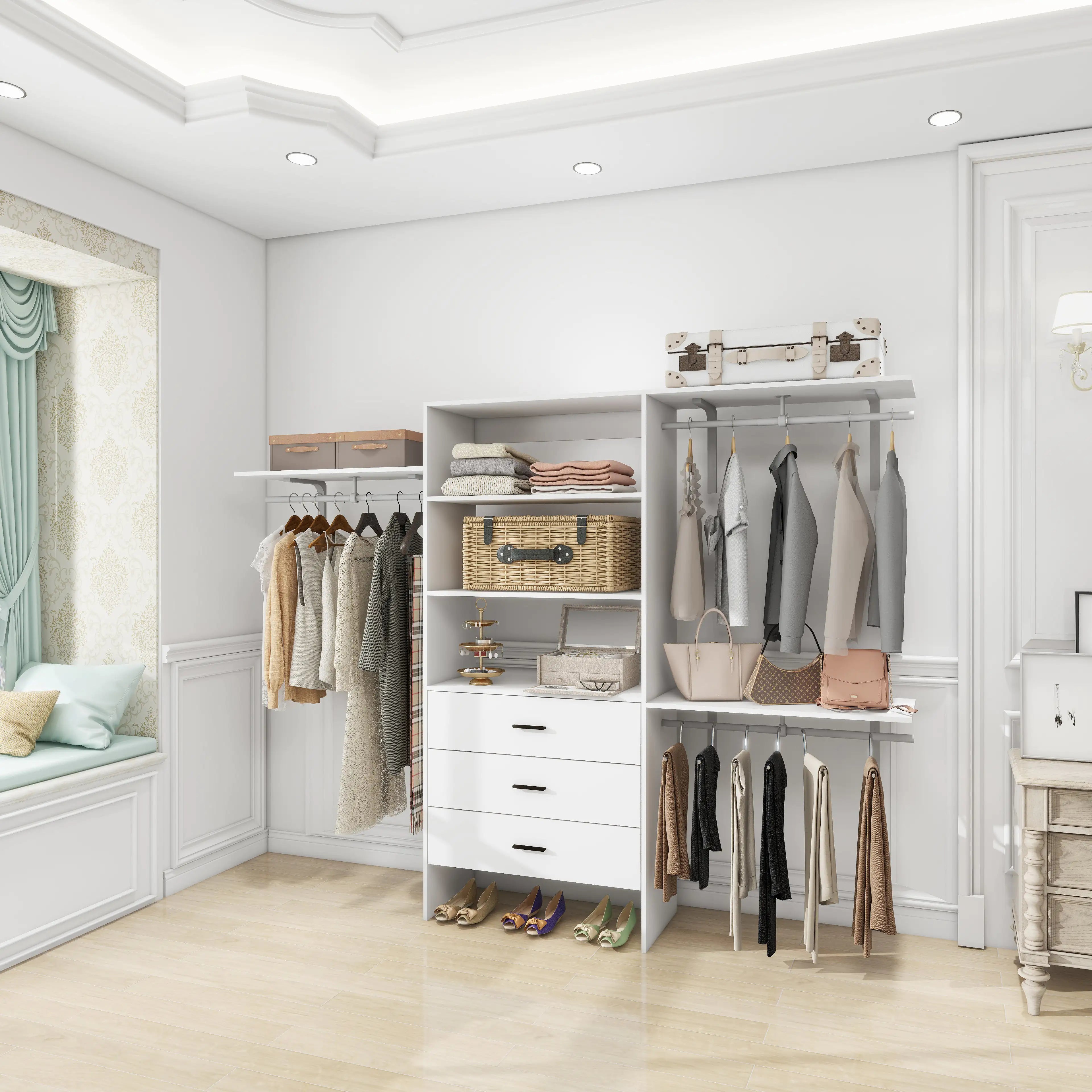 White Modern Closet System with Shelves and Drawers