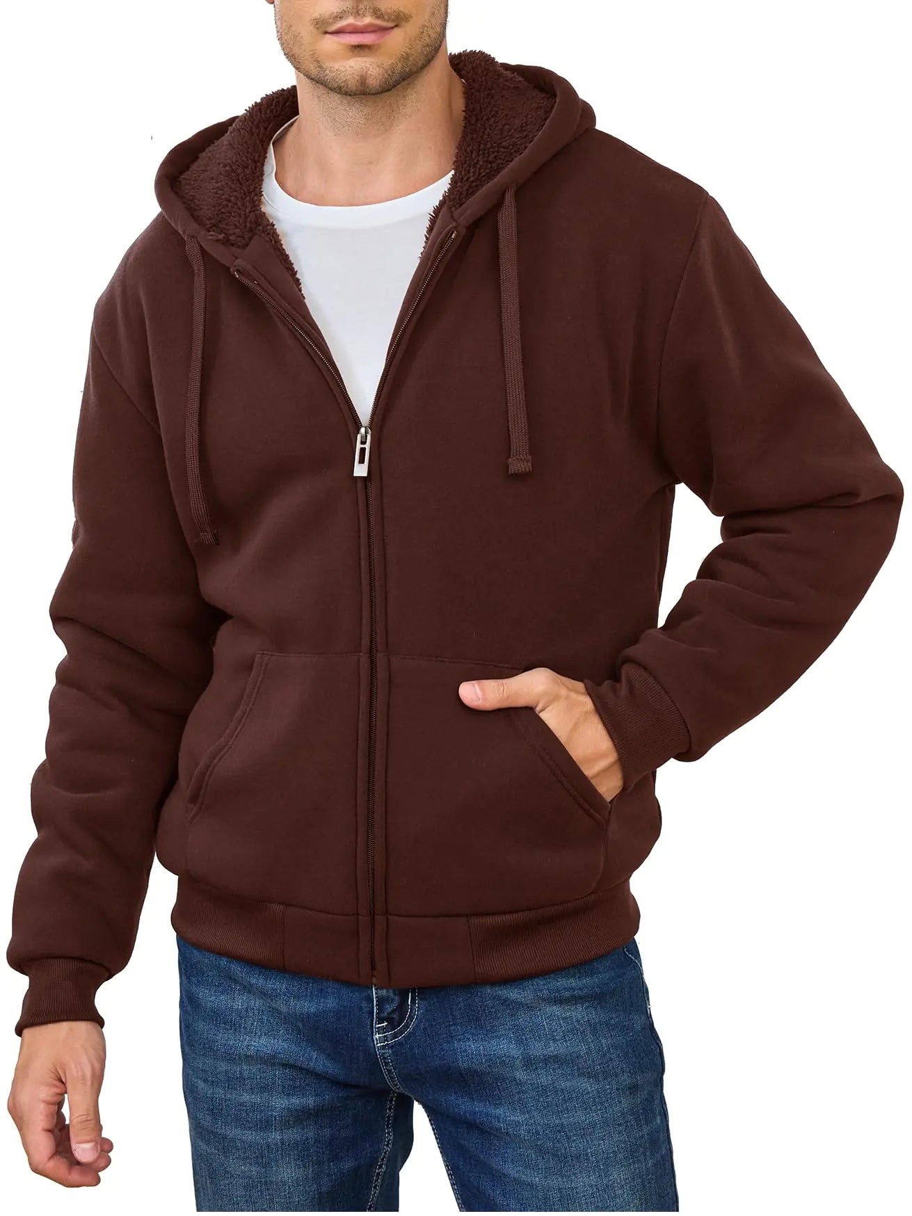 Hoodies for Men Full Zip Up Fleece Warm Thick Jackets Heavyweight Sherpa Lined Coat Brown 5XL