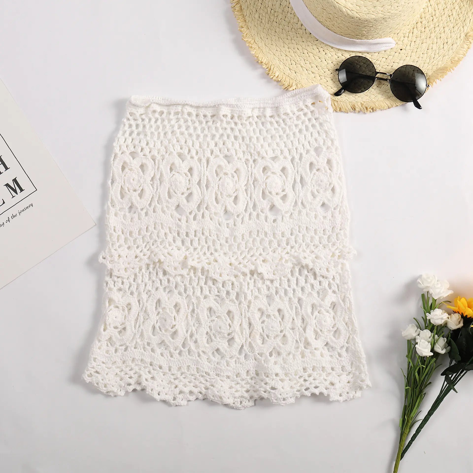 Hollow Knitted Bikini with Half-Length Wrap Skirt
