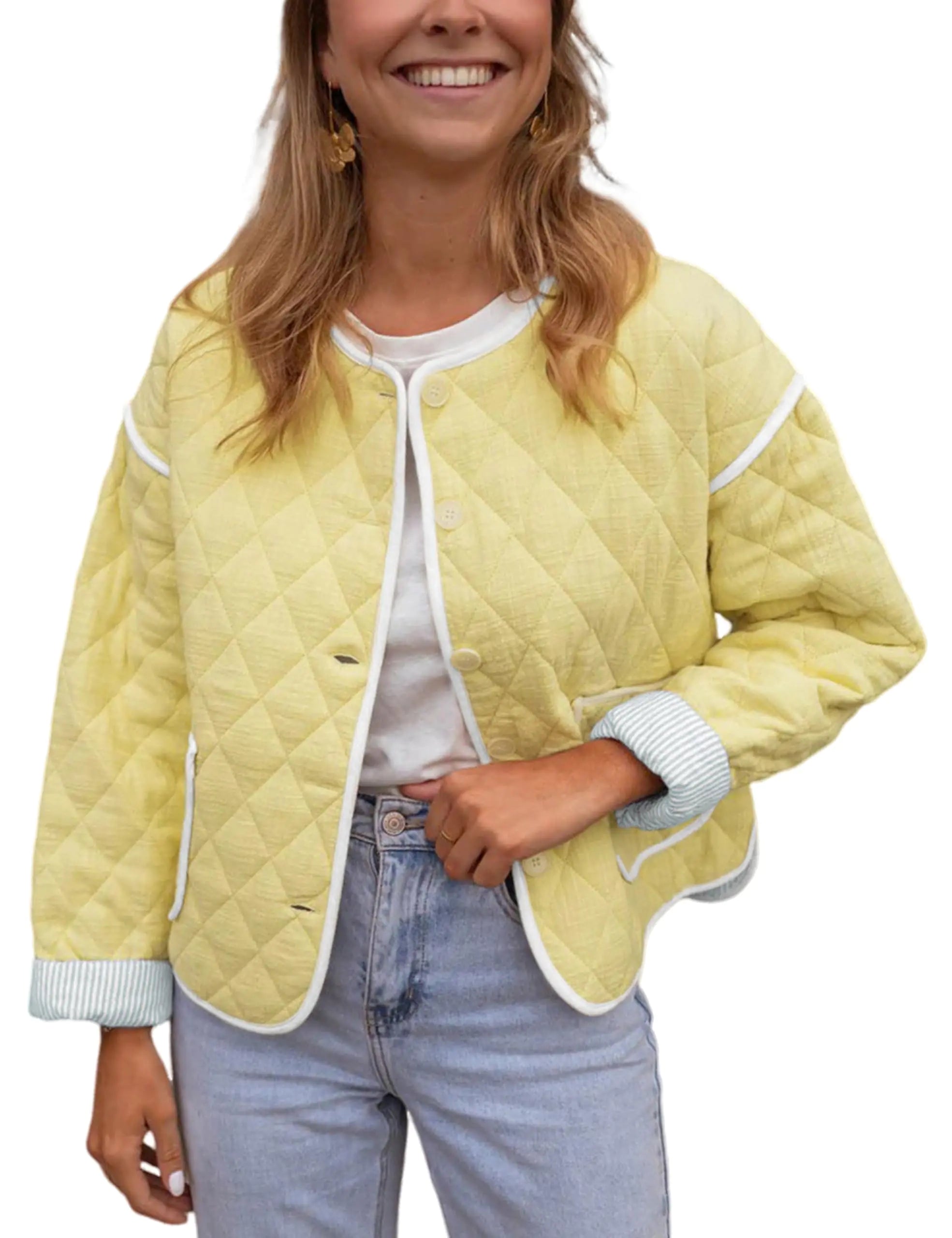 Springrain Womens Quilted Lightweight Jackets Casual Long Sleeve Button Down Puffer Coat with Pockets(Yellow-M)