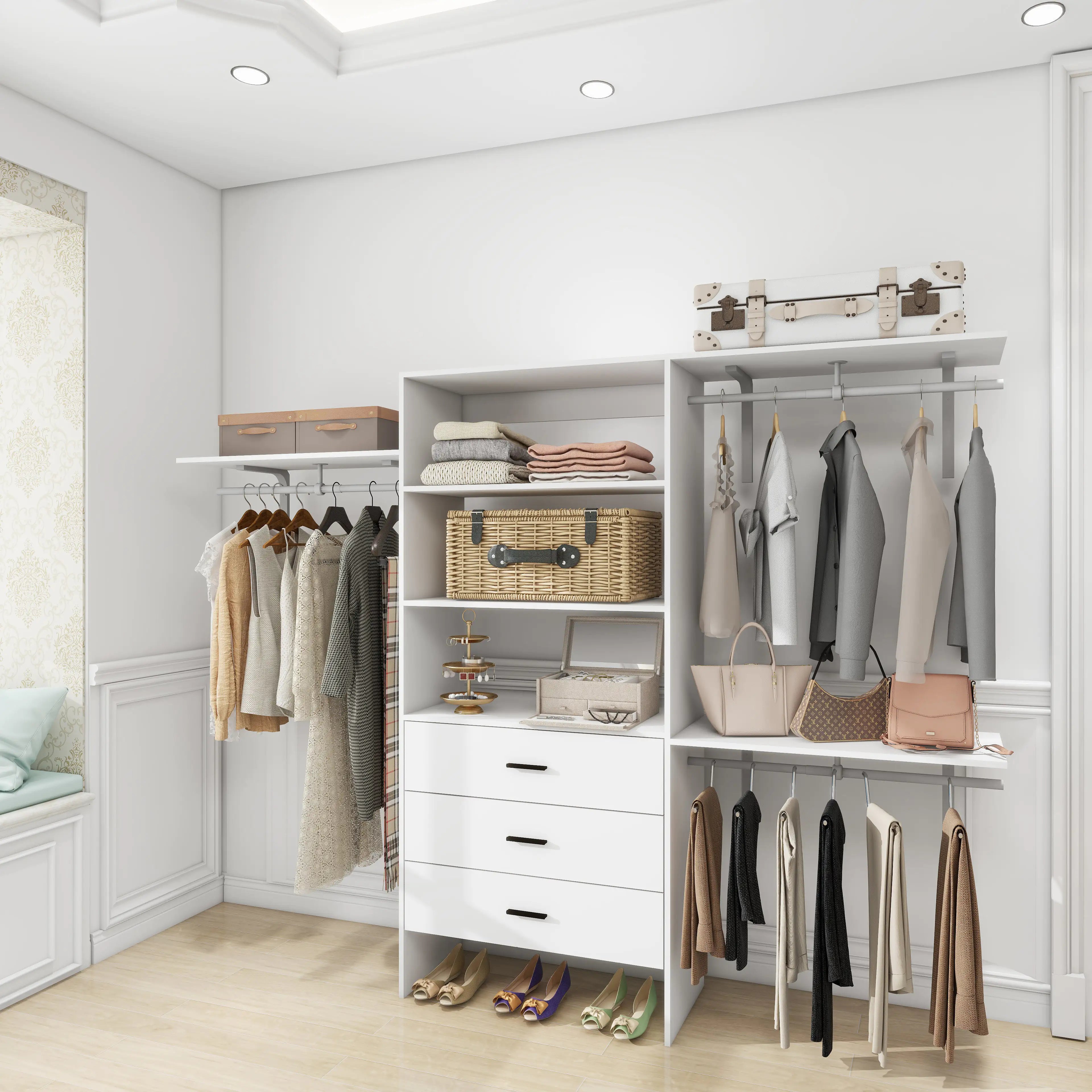 White Modern Closet System with Shelves and Drawers