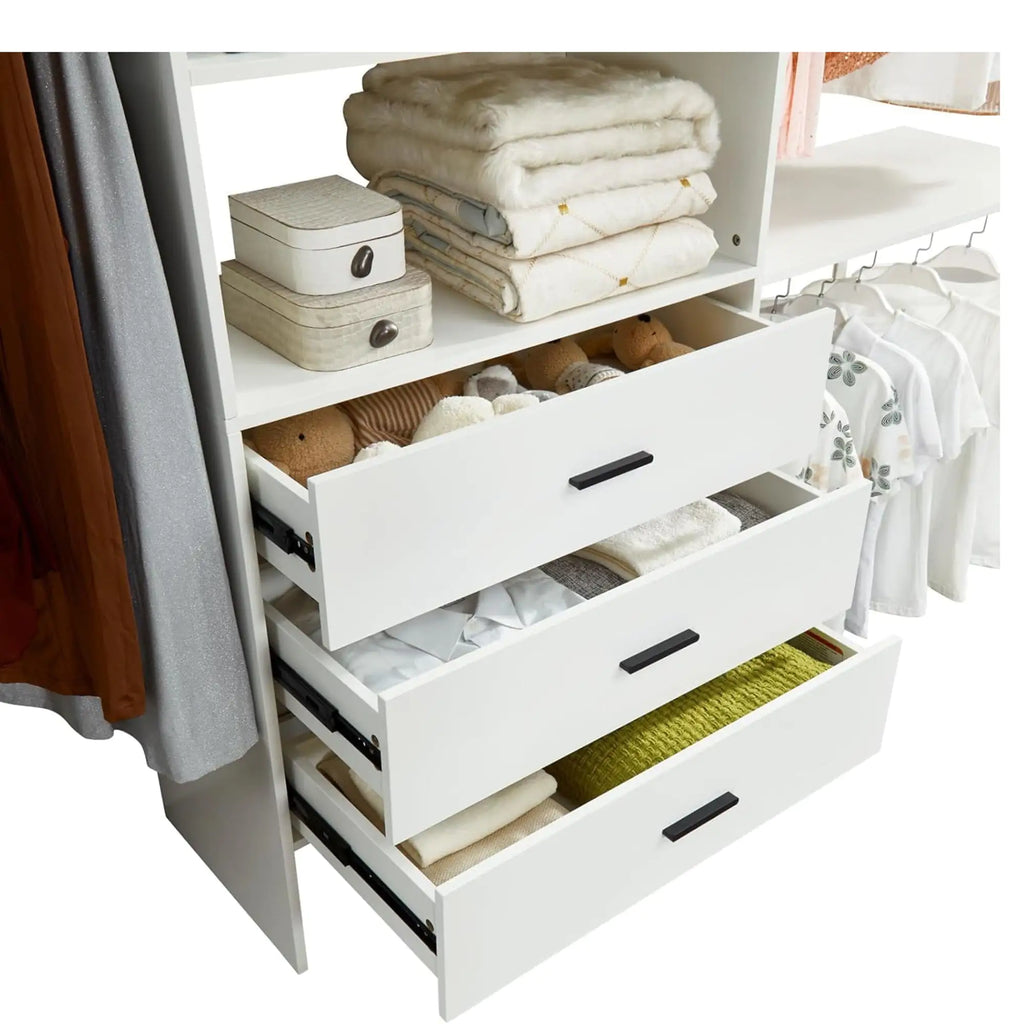 White Modern Closet System with Shelves and Drawers