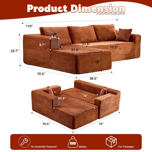 Compression Sectional Couch With Comfy Chaise, Boneless L Shape Sofa