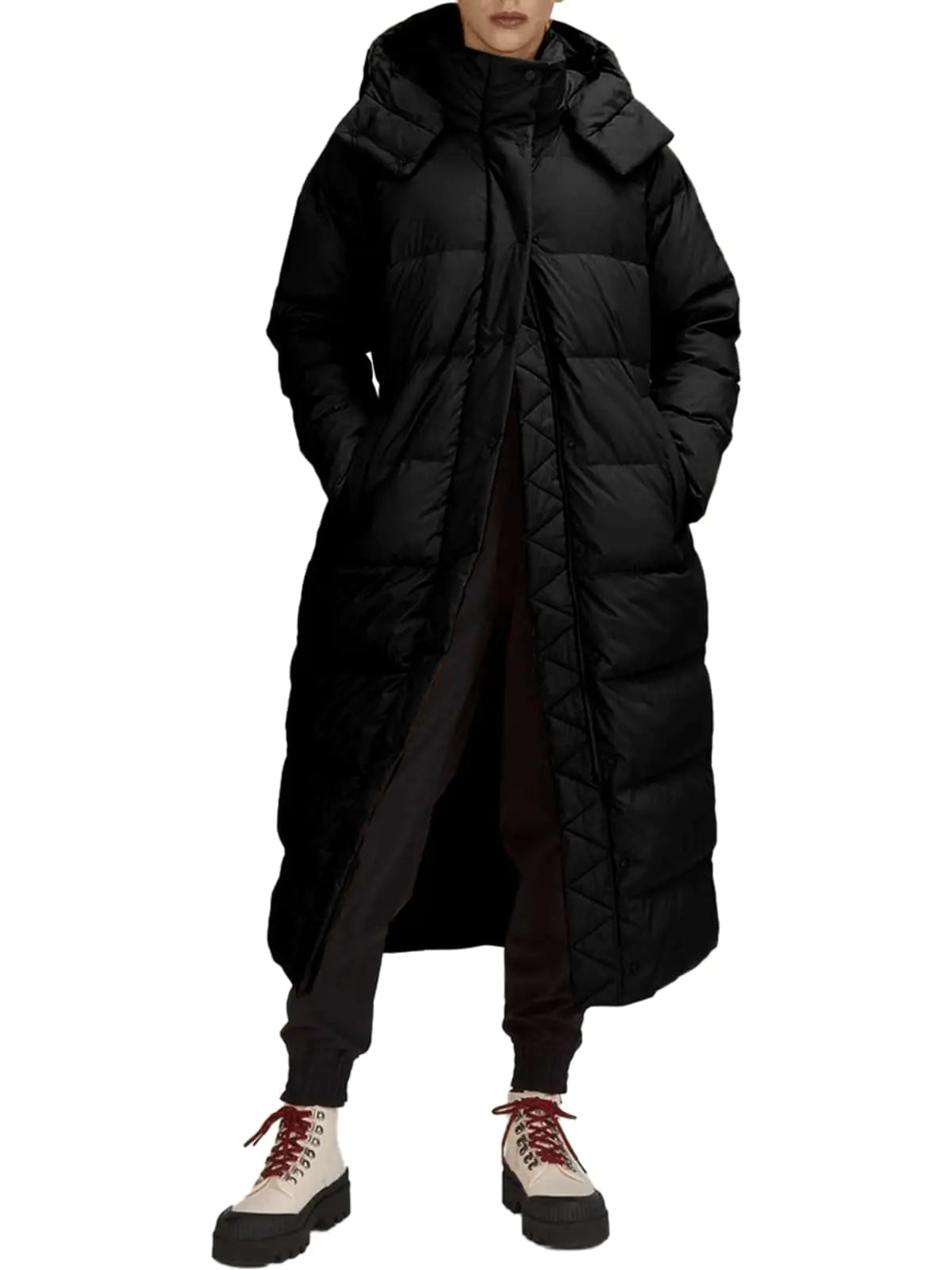 Fisoew Womens Quilted Coats Long Sleeve Hooded Puffer Jackets Winter Maxi Length Outerwear