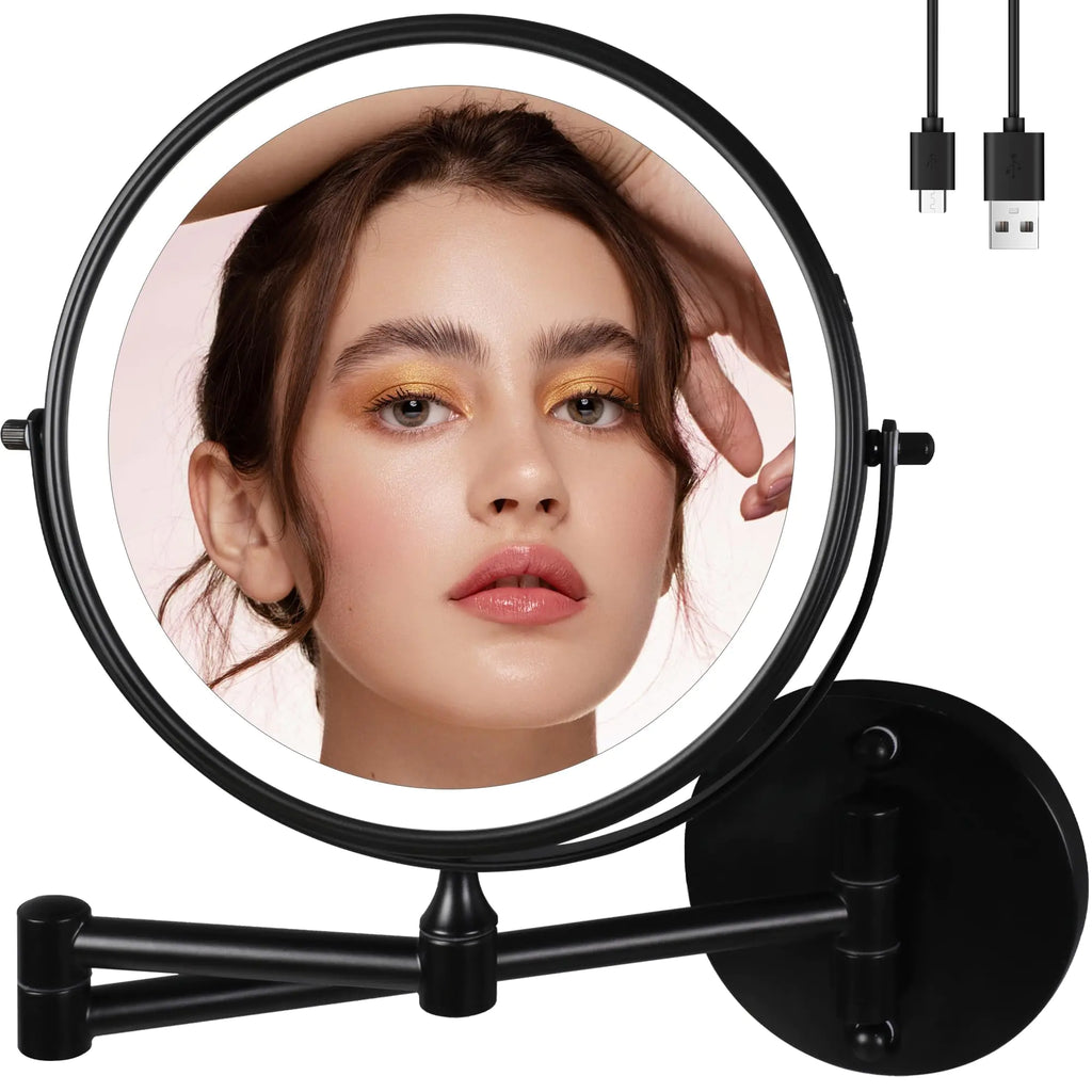 9" Large Black Wall Mount Magnifying Mirror With Light TUSHENGTU 3000mAh Rechargeable Lighted Makeup Vanity Mirror Wall Mounted Swing Arm10X/1X Magnifying Vanity Mirror for Bathroom 360°Double Sided