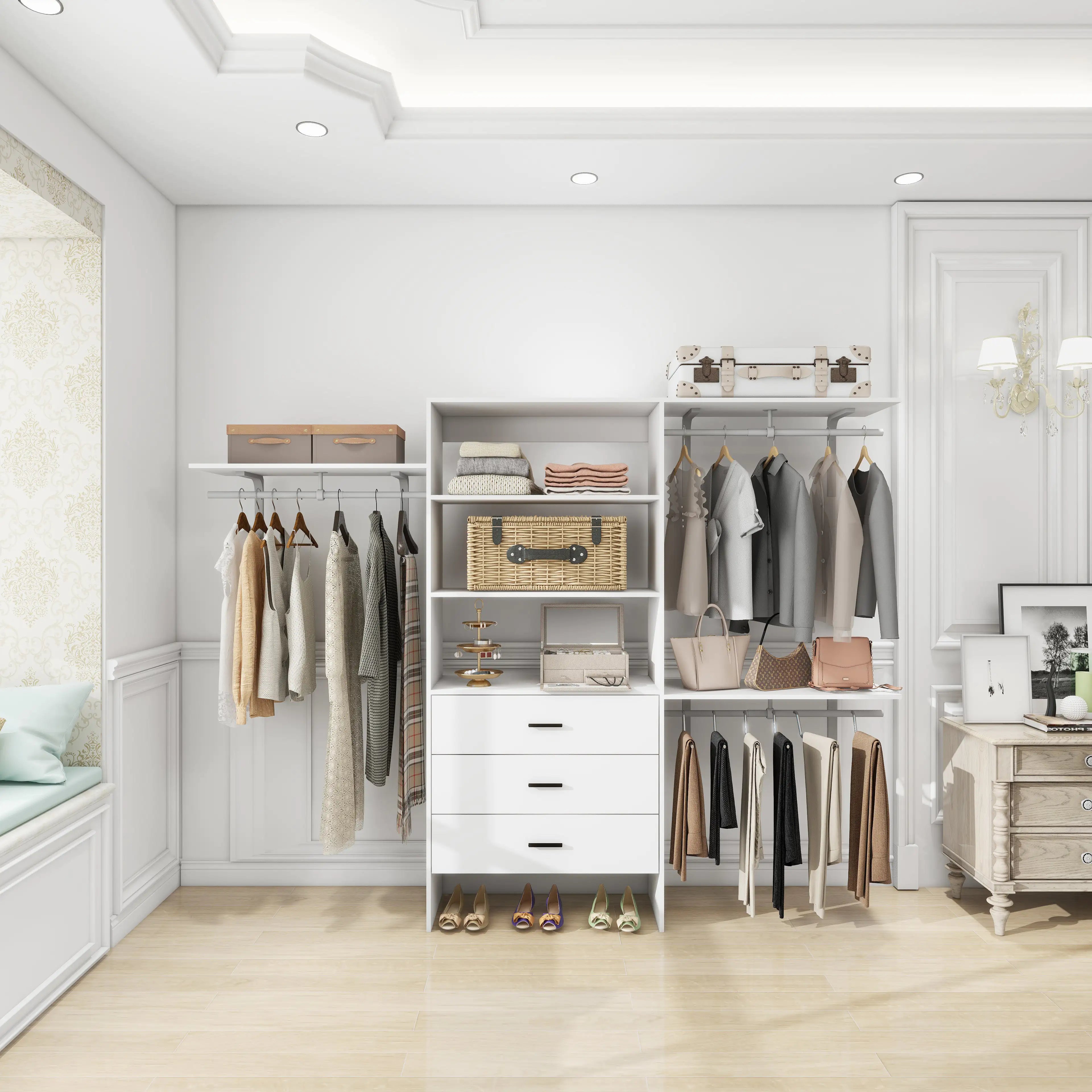 White Modern Closet System with Shelves and Drawers