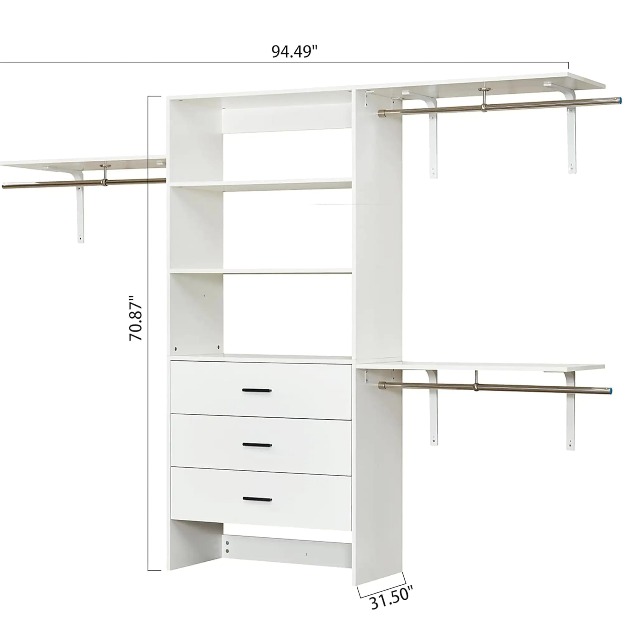 White Modern Closet System with Shelves and Drawers
