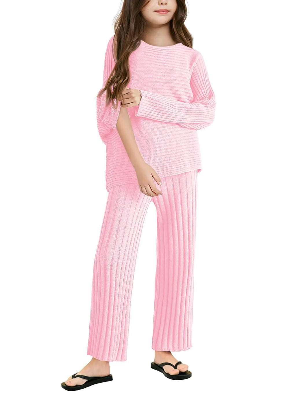 Haloumoning Girls 2 Piece Outfits Sweater Knit Pullover Tops and Pants Lounge Set Kids Winter Clothing Sets 4-14 Years