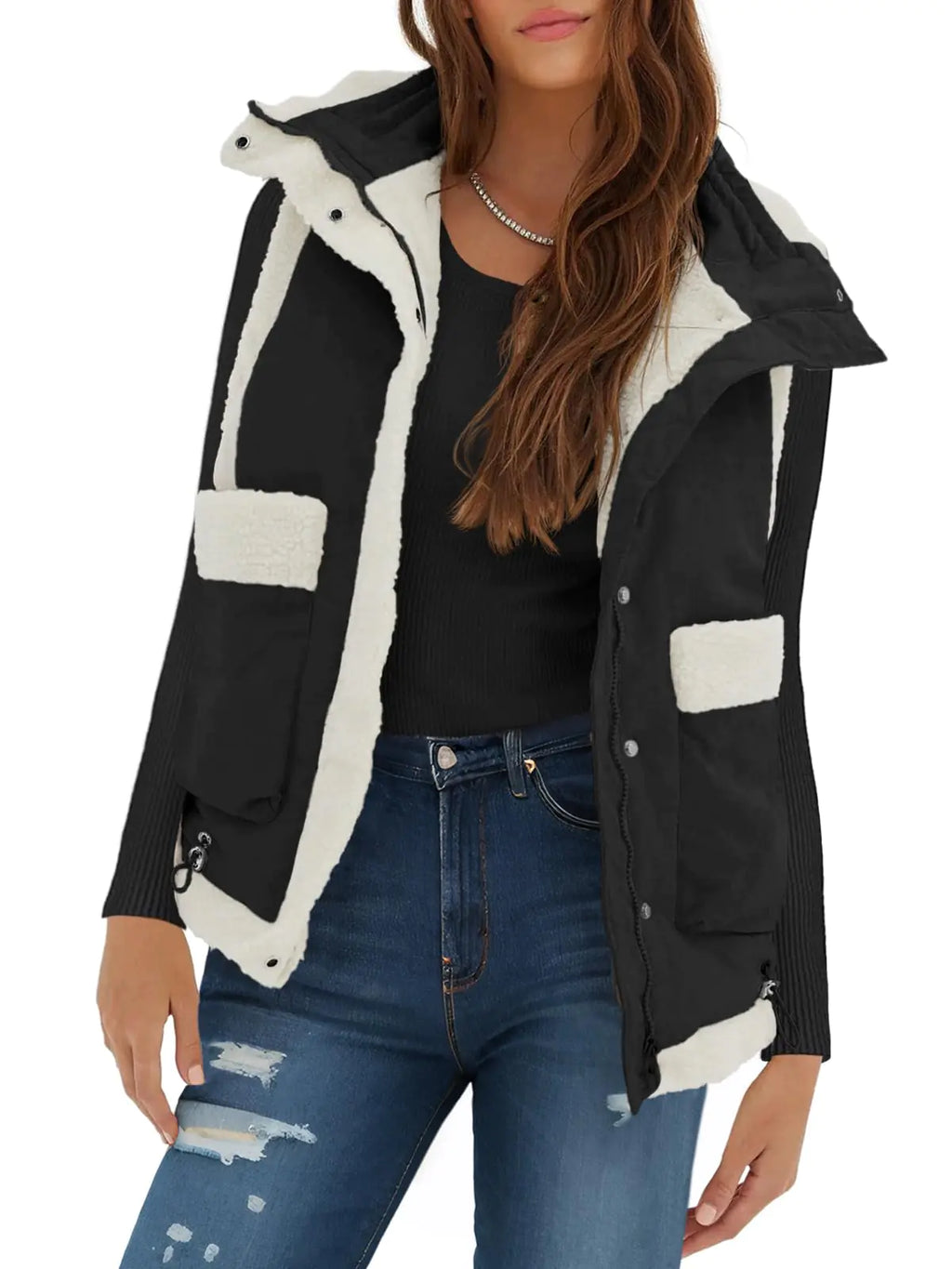 Tankaneo Womens Oversized Puffer Vest Sherpa Lined Sleeveless Jackets Stand Collar Fleece Coat Winter Warm Outerwear