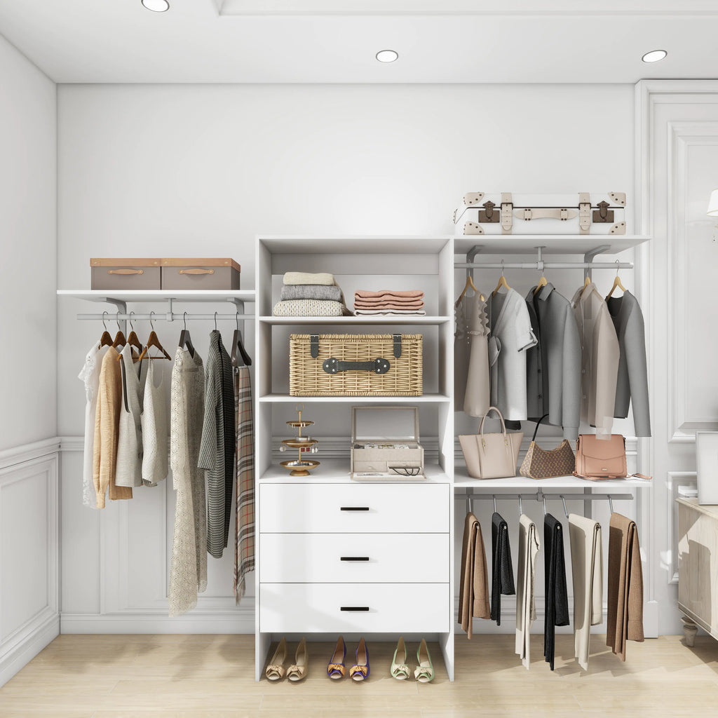 White Modern Closet System with Shelves and Drawers